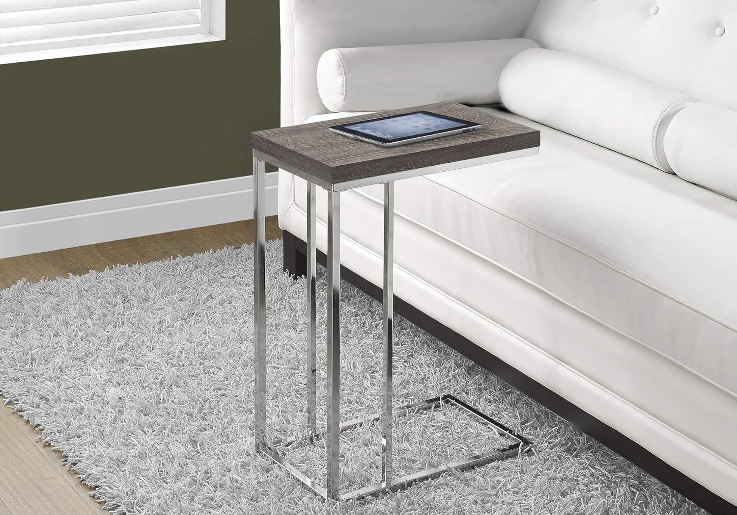 Contemporary Dark Taupe Wood and Chrome Metal C-Shaped Side Table with Storage