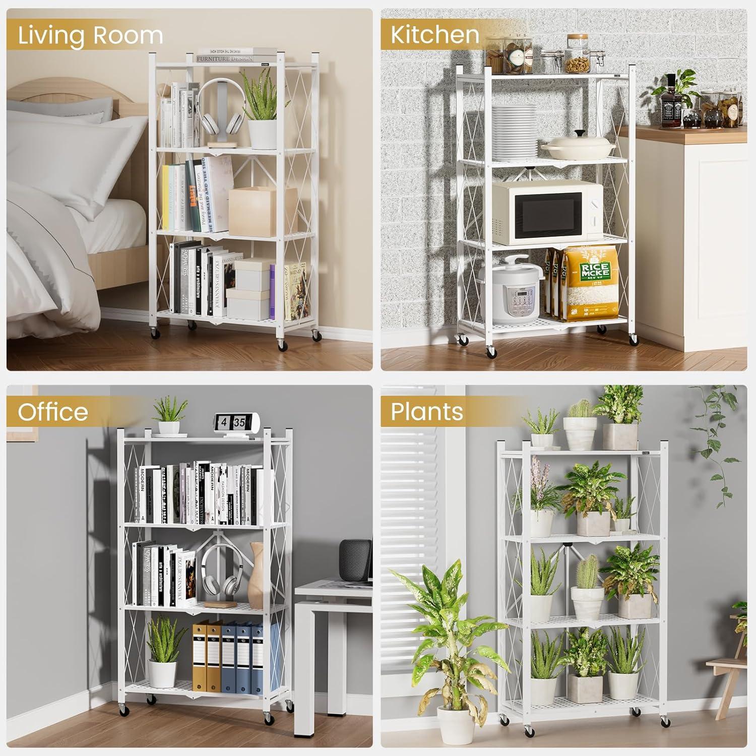 3-Tier Storage Shelves with Wheels, Folding Bookshelf No Assembly, Metal Display Shelf for Balcony, Kitchen, Basement, Pantry, White