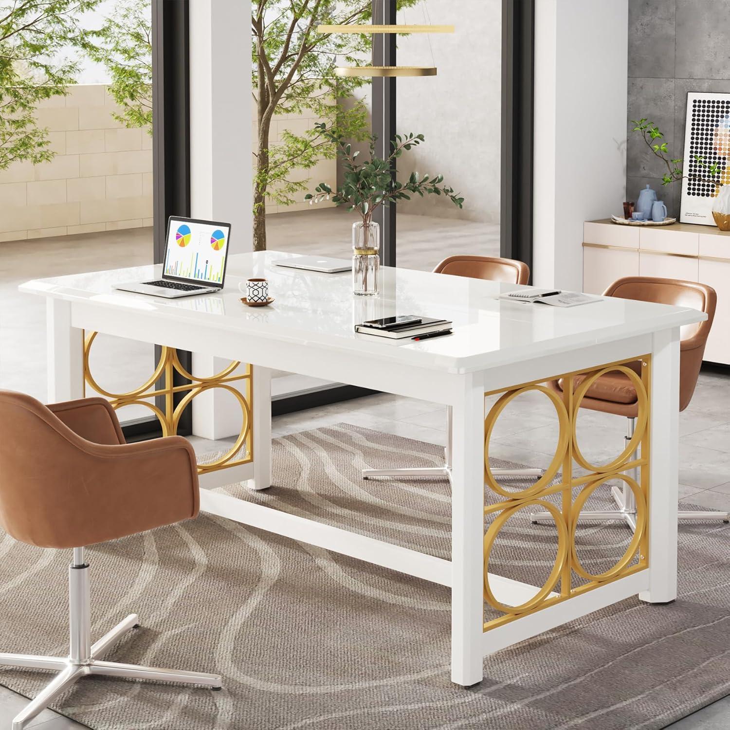 Glossy White and Gold Executive Office Desk with Geometric Design