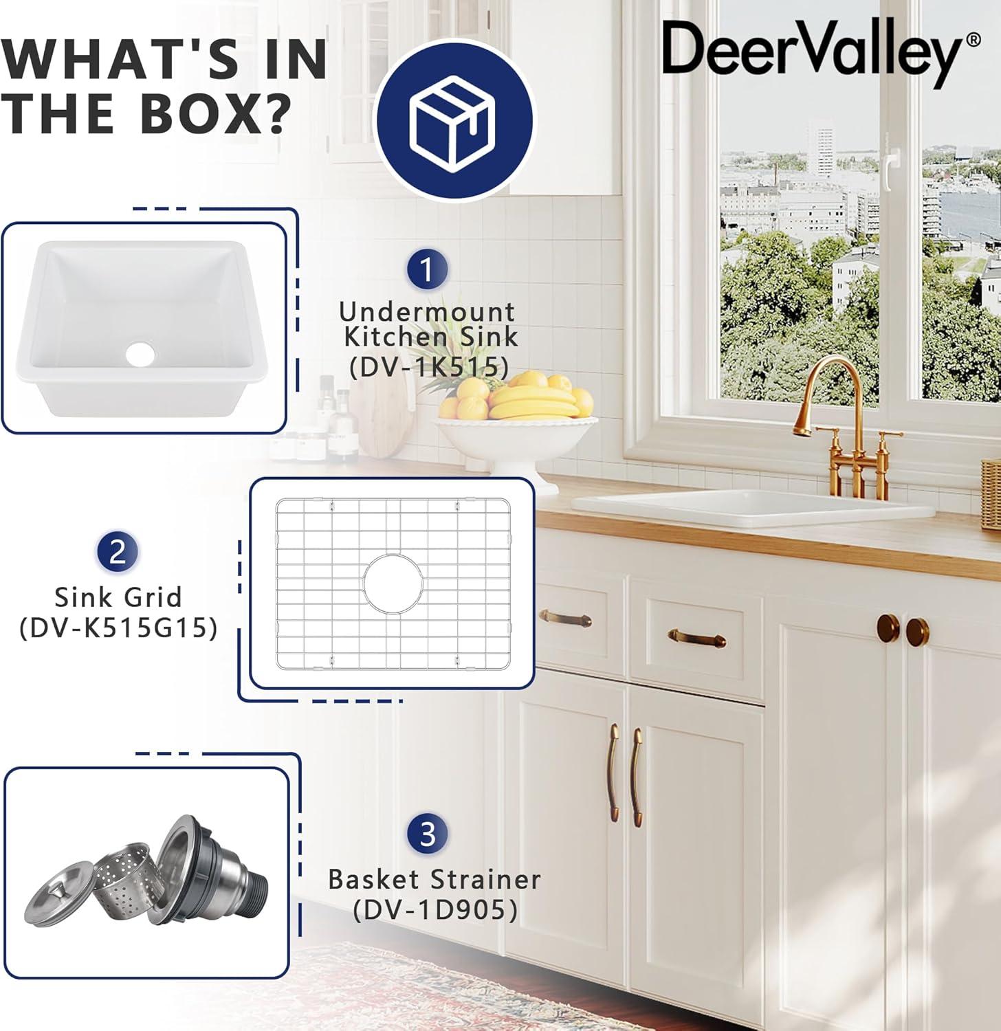 24" L x 19" W Rectangular White Fireclay Undermount Kitchen Sink with Basket Strainer and Sink Grid