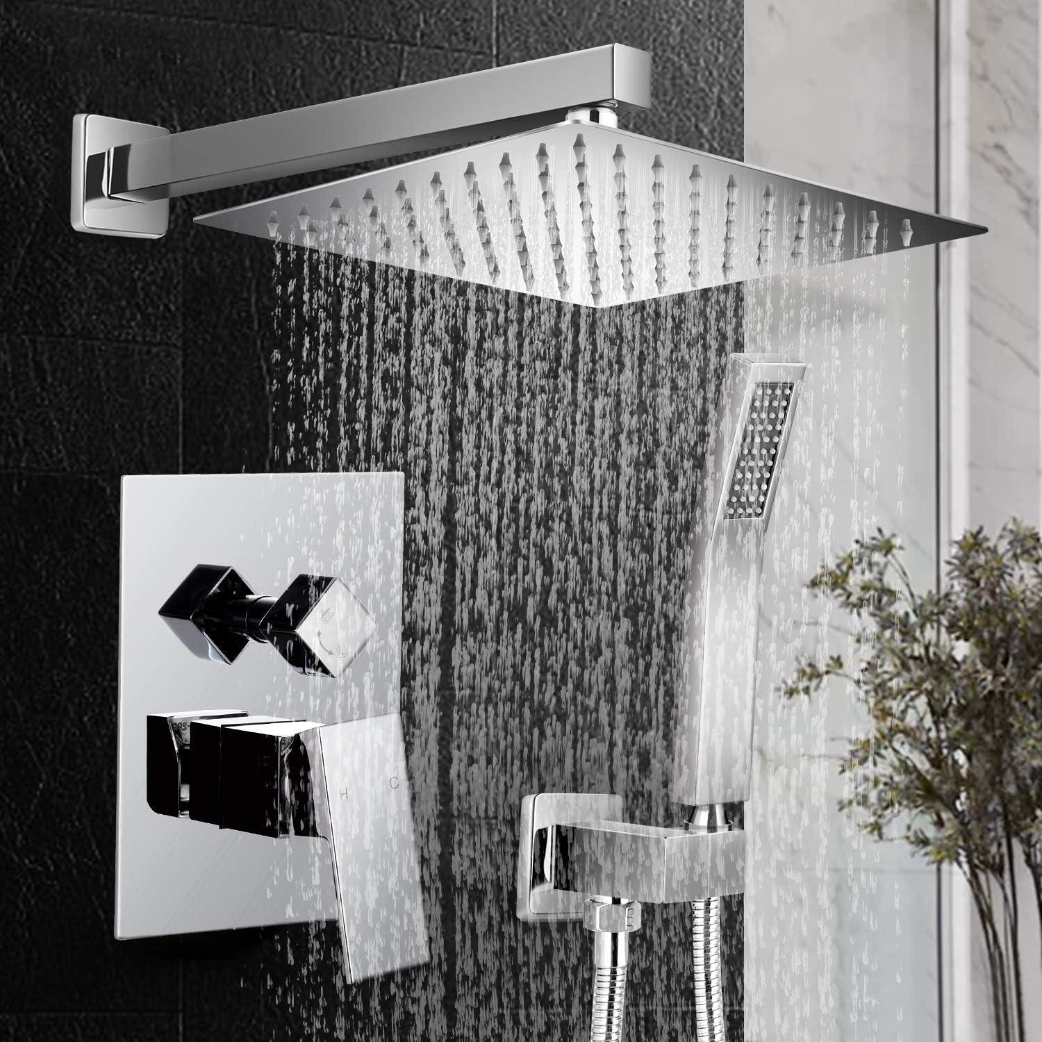 Qomolangma 12 inch Rain Shower System, Bathroom Shower Faucet Set with Pressure Balance Valve, Wall Mounted 2-Functions Shower Systems with Rain Shower and Handheld Spray Shower Trim Included