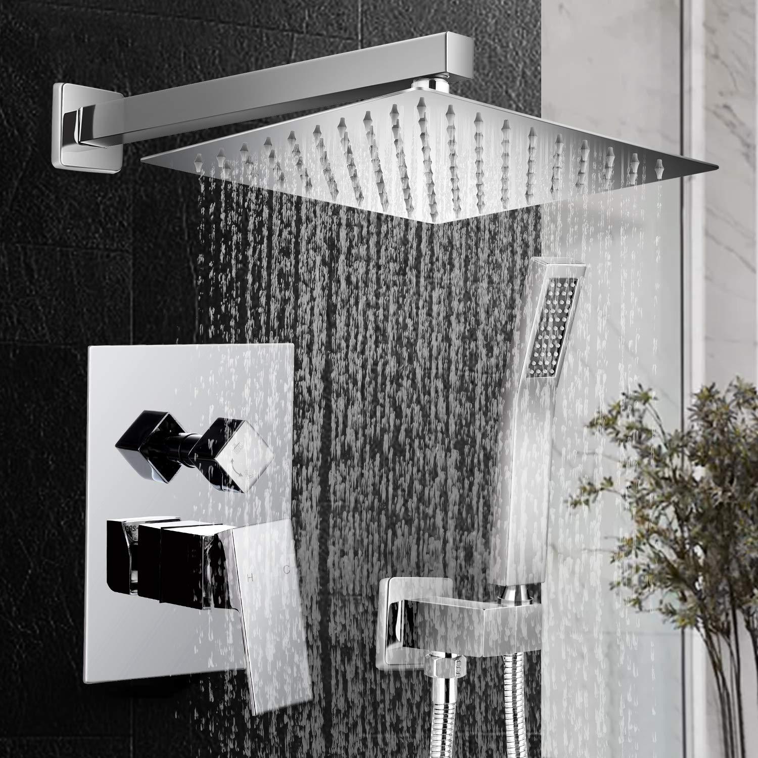 Qomolangma 12 inch Rain Shower System, Bathroom Shower Faucet Set with Pressure Balance Valve, Wall Mounted 2-Functions Shower Systems with Rain Shower and Handheld Spray Shower Trim Included