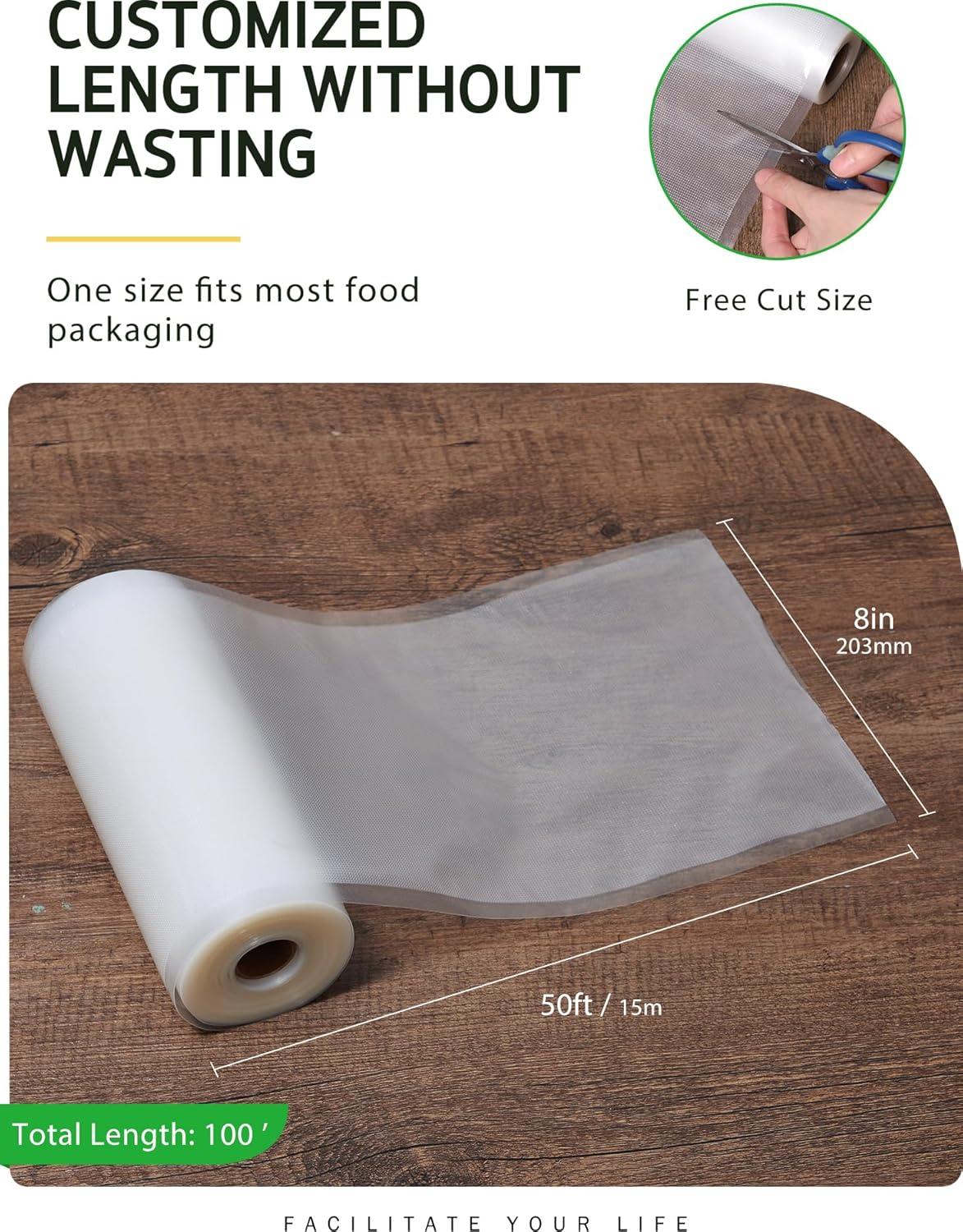 Syntus Vacuum Sealer Bags, 2 Rolls 8" x 50' Commercial Grade Bag Rolls, BPA Free Food Vac Bags for Storage, Meal Prep or Sous Vide