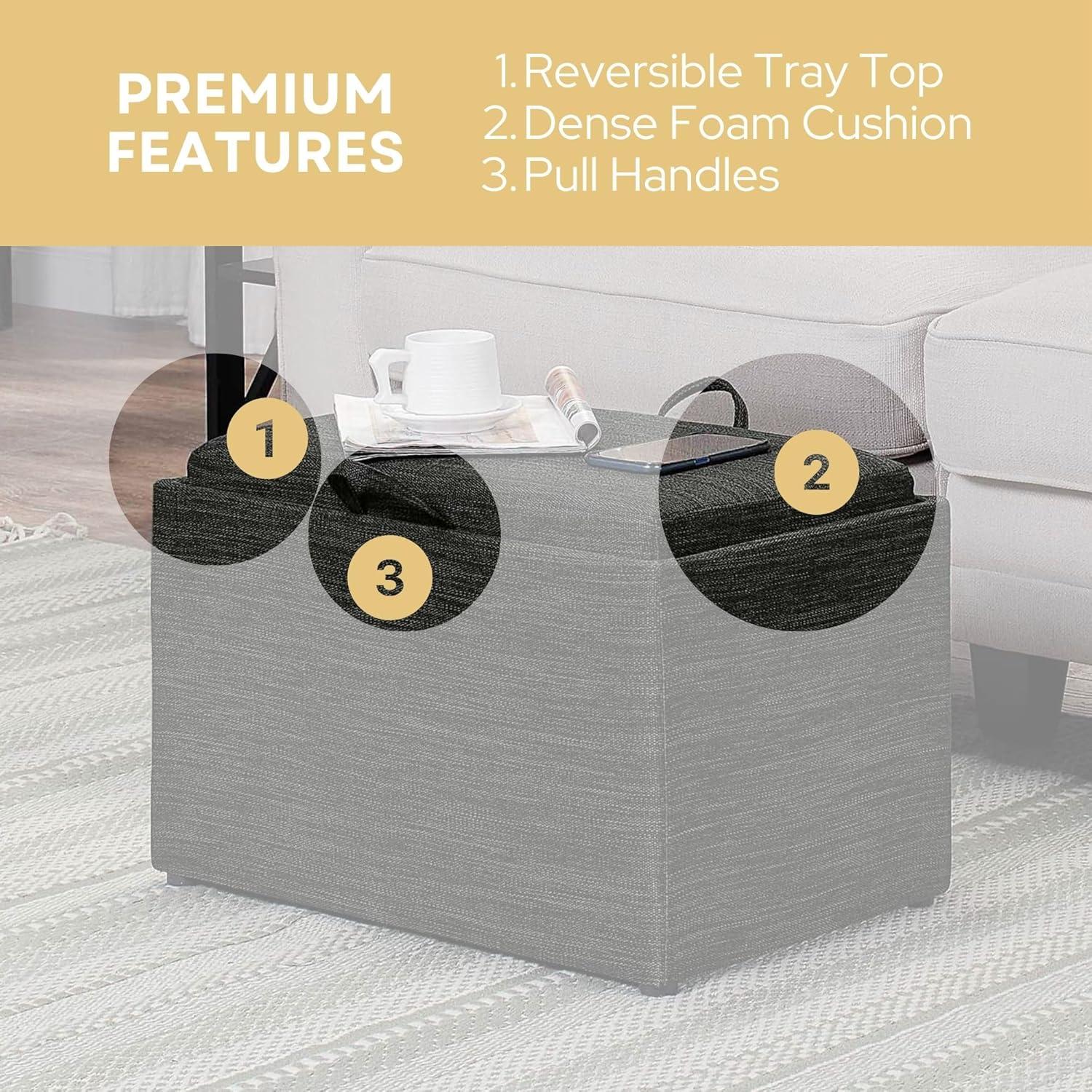 Convenience Concepts Designs4Comfort Accent Storage Ottoman with Reversible Tray, Dark Charcoal Gray Fabric