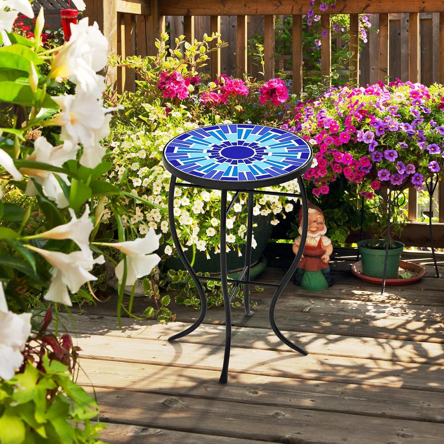 Outdoor Patio Side Table Round Ceramic Tile End Table Blue