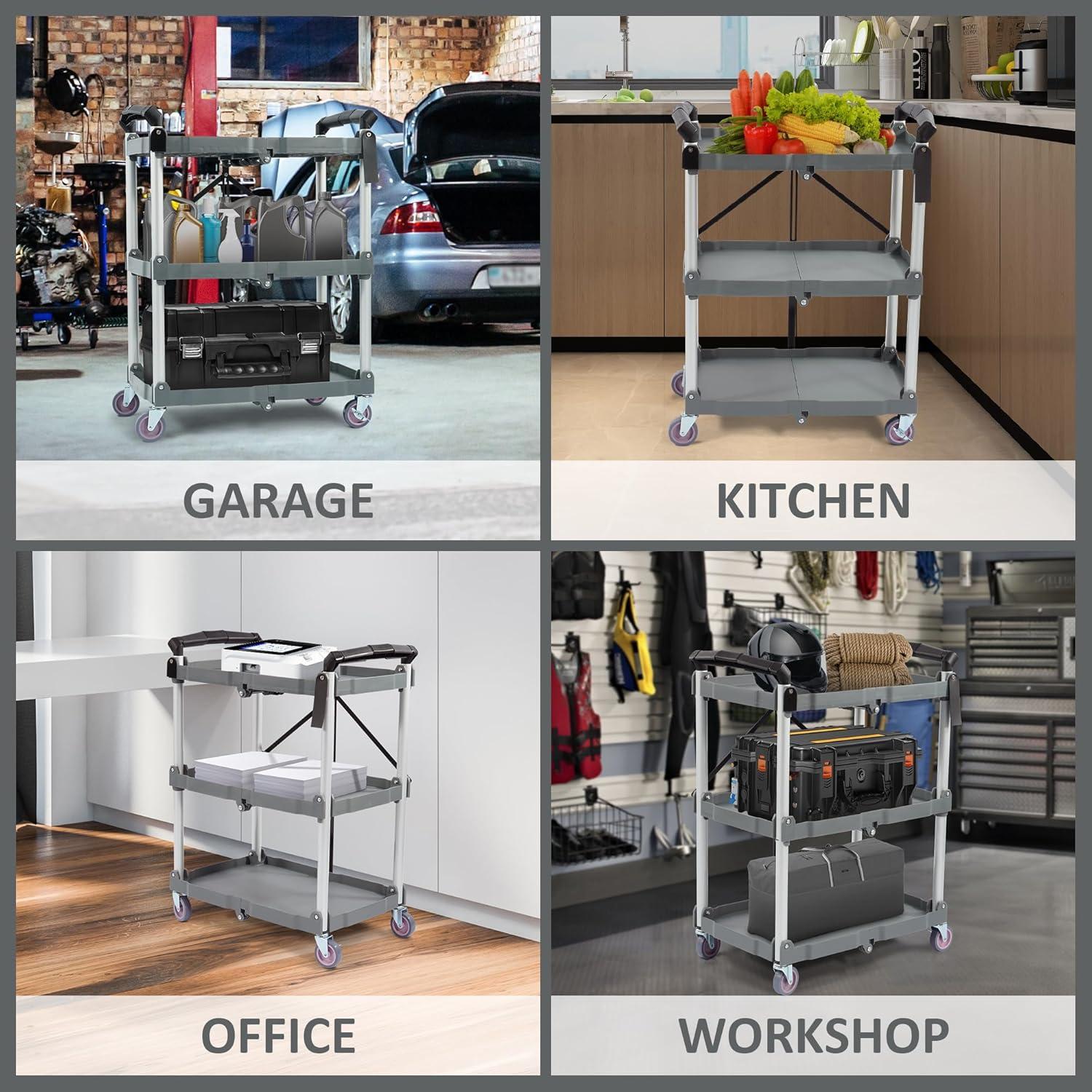 Elevon Aluminum Service Push Cart Portable Utility 3 Tier Collapsible Shelving Unit with Wheels for Home Office Organization, Gray