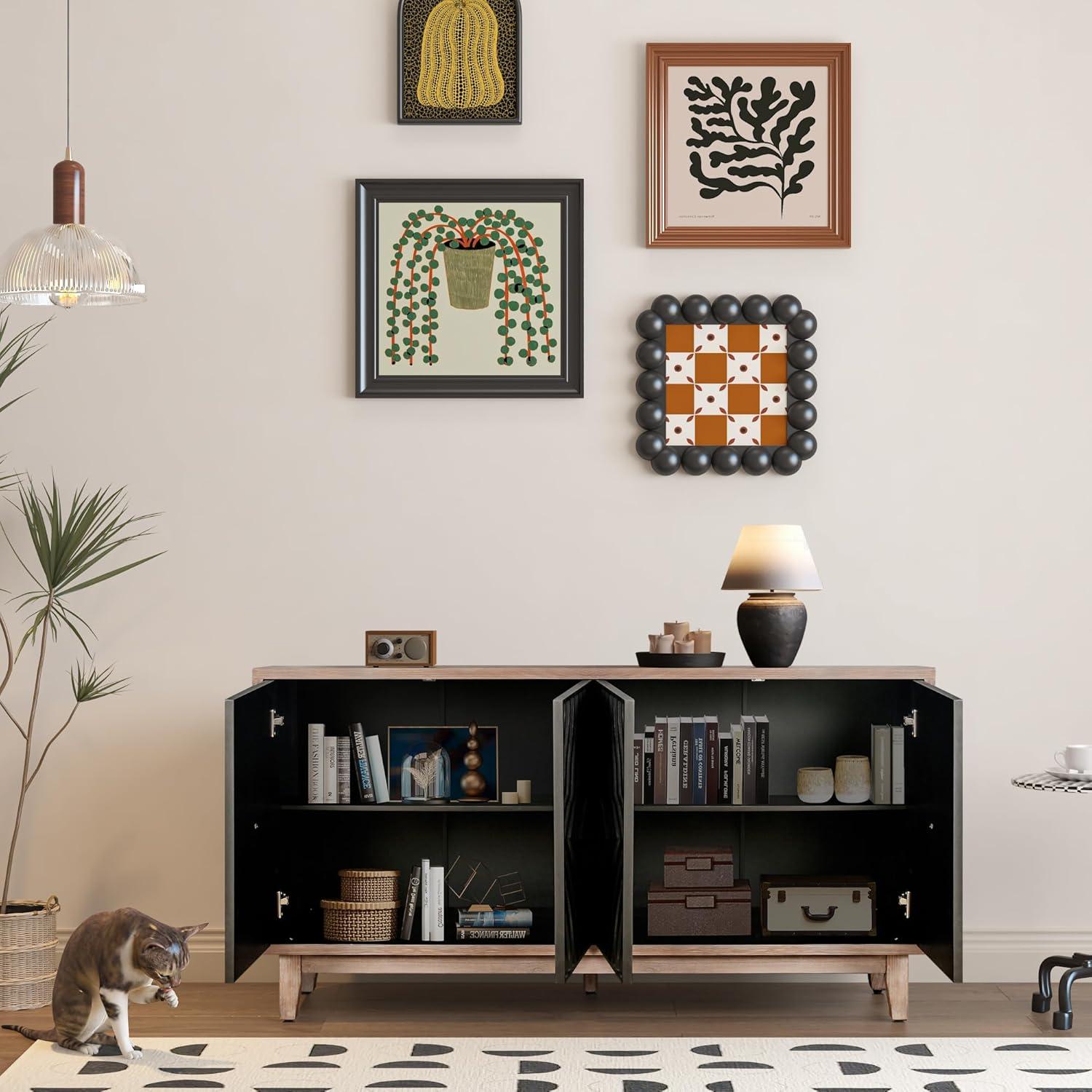 Mid-Century Black and Walnut Sideboard Buffet Cabinet with Diamond Pattern Doors