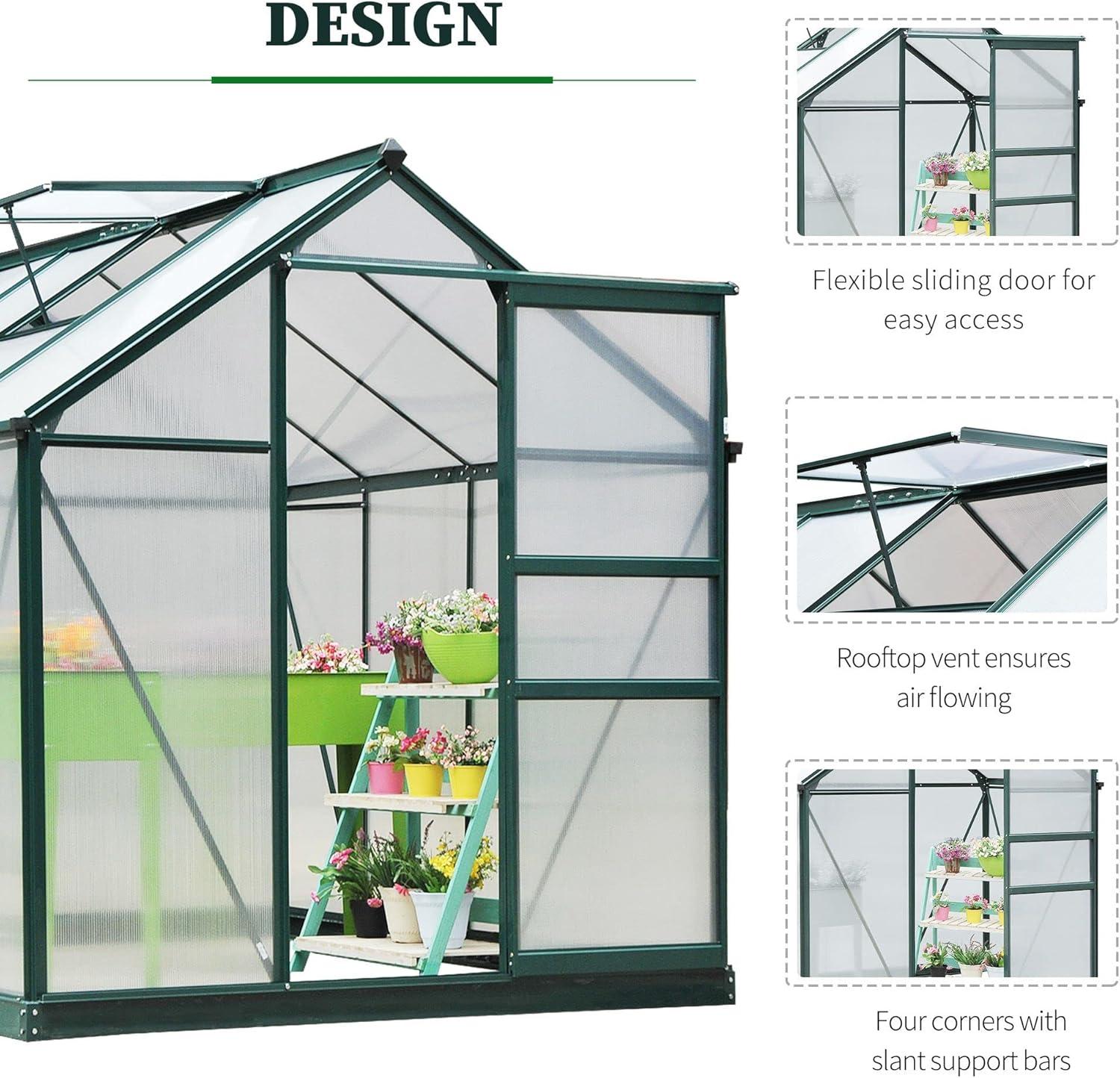 Dark Green Polycarbonate Walk-In Greenhouse with Aluminum Frame