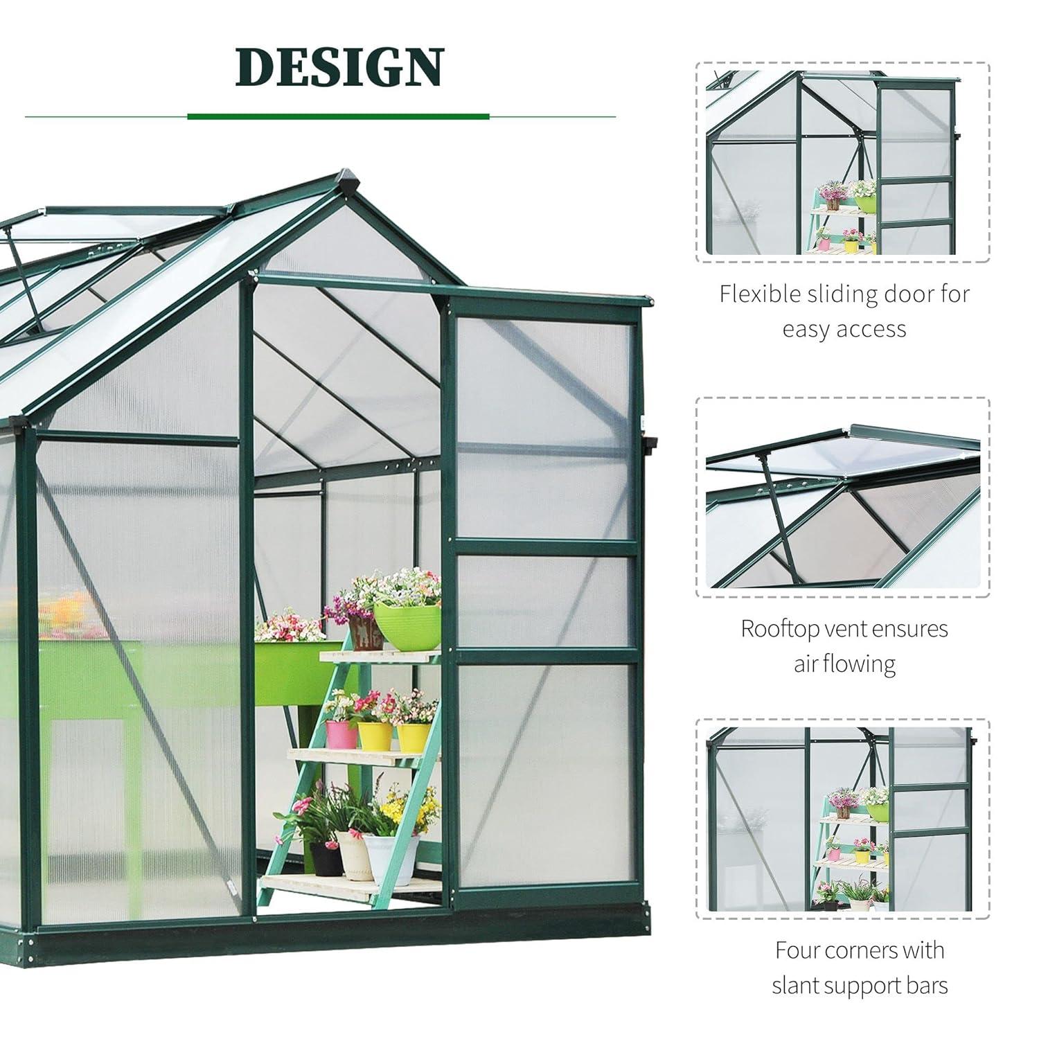 Outsunny 6.2' x 8.3' x 6.6' Polycarbonate Greenhouse, Heavy Duty Outdoor Aluminum Walk-in Green House Kit with Vent & Door for Backyard Garden, Green