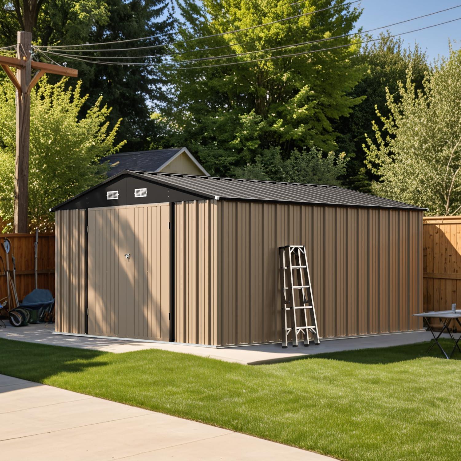 10' x 12' Brown Metal Outdoor Storage Shed with Floor Frame