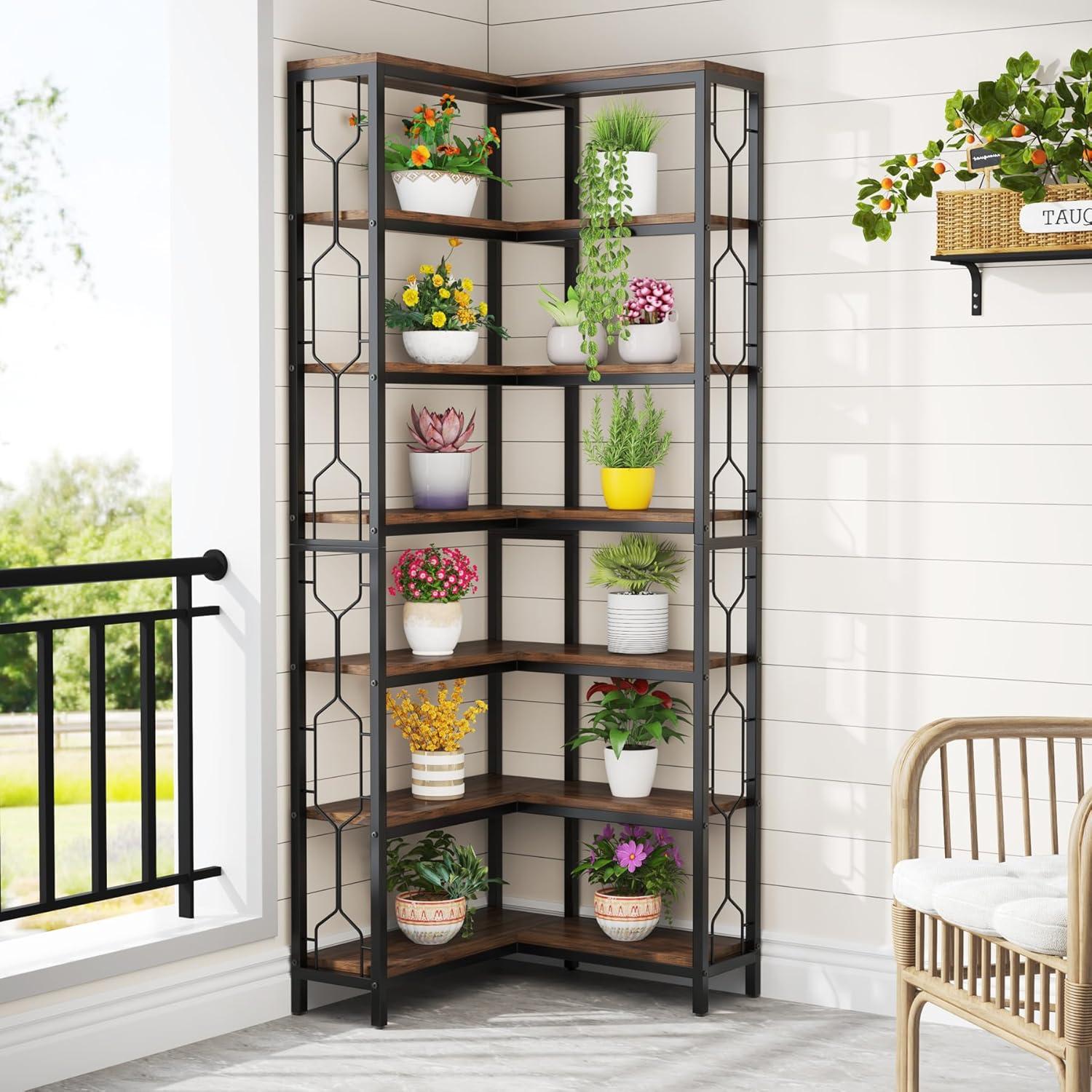 Rustic Brown 7-Tier Wood and Metal Corner Bookshelf