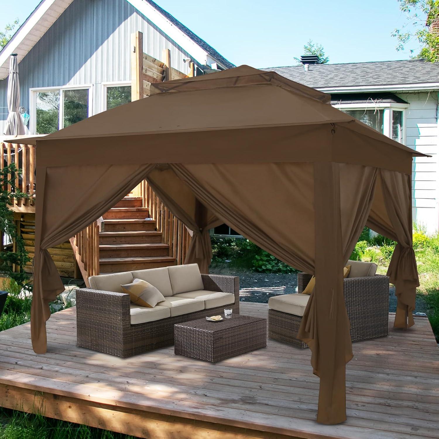 Brown 11x11 Steel Frame Patio Gazebo with Sidewalls