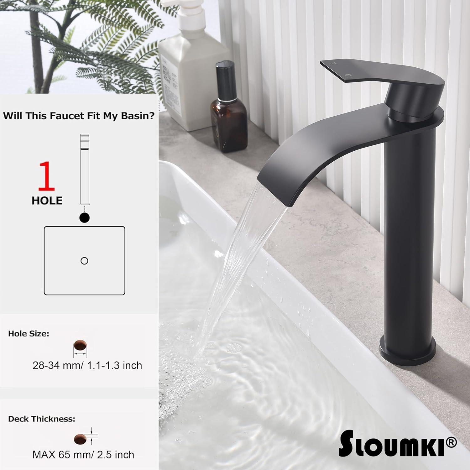 Waterfall Bathroom Faucet Single Handle，Bathroom Sink Faucet 1 Hole，Waterfall Faucet for Bathroom Sink，Vessel Sink Faucet Matte Black Tall Bathroom Faucet