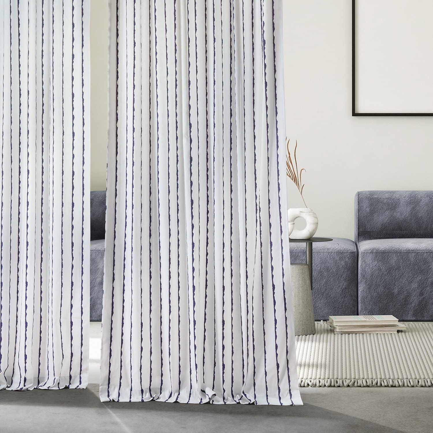 Sharkskin Blue and White Striped Cotton Room Darkening Curtain Panel