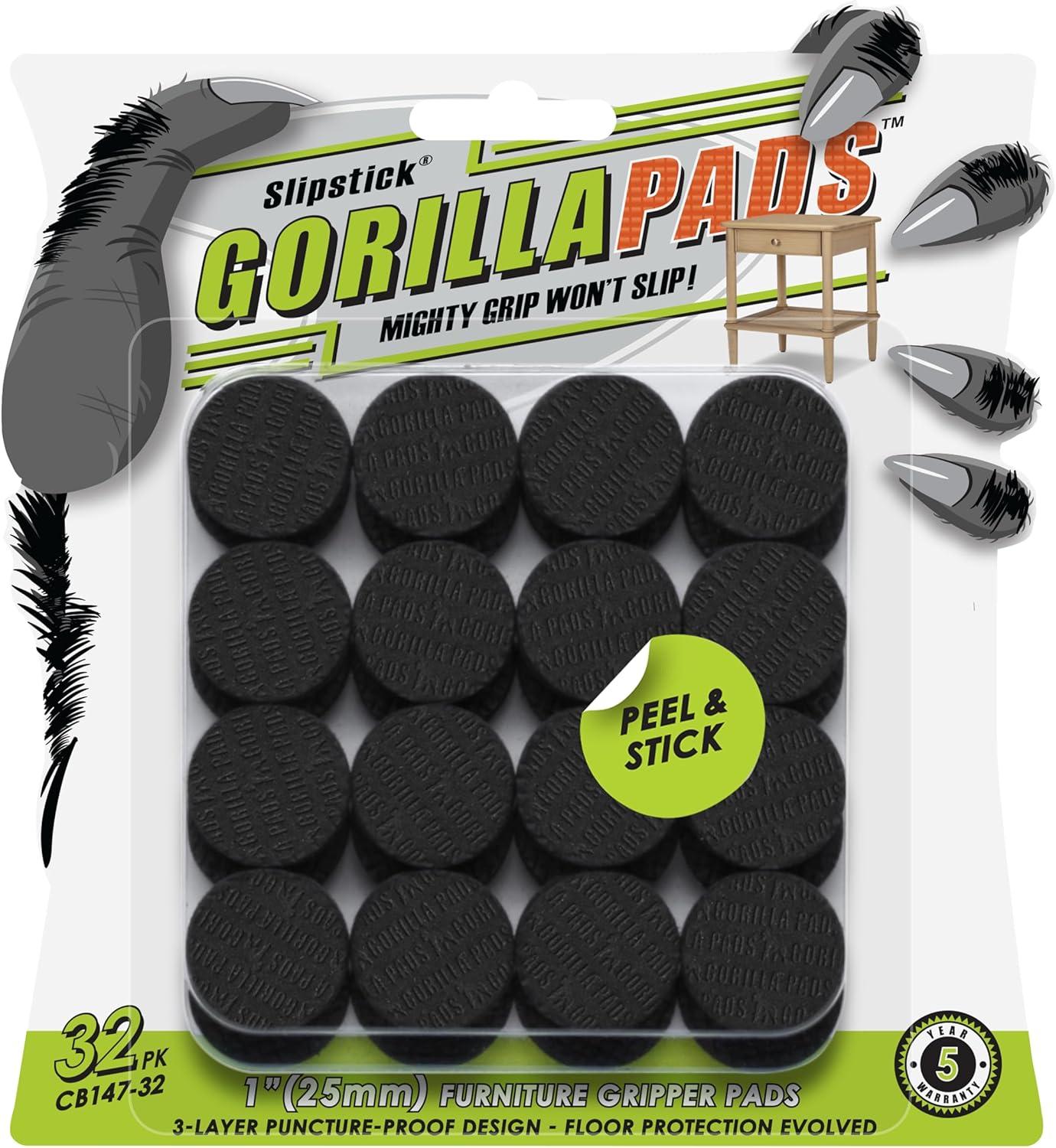 Slipstick Gorillapads Cb147 Non Slip Furniture Pads/Gripper Feet (Set Of 32) Self Adhesive Rubber Floor Protectors, 1 Inch Round, Black (Set of 32)
