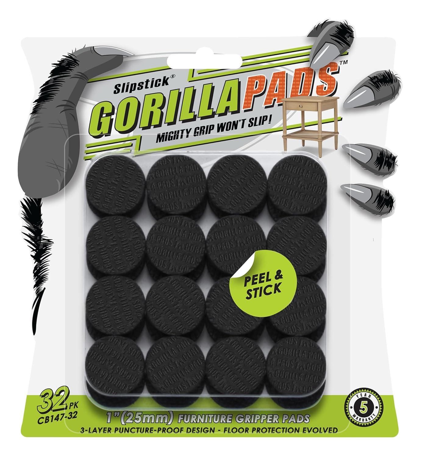 Slipstick Gorillapads Cb147 Non Slip Furniture Pads/Gripper Feet (Set Of 32) Self Adhesive Rubber Floor Protectors, 1 Inch Round, Black (Set of 32)