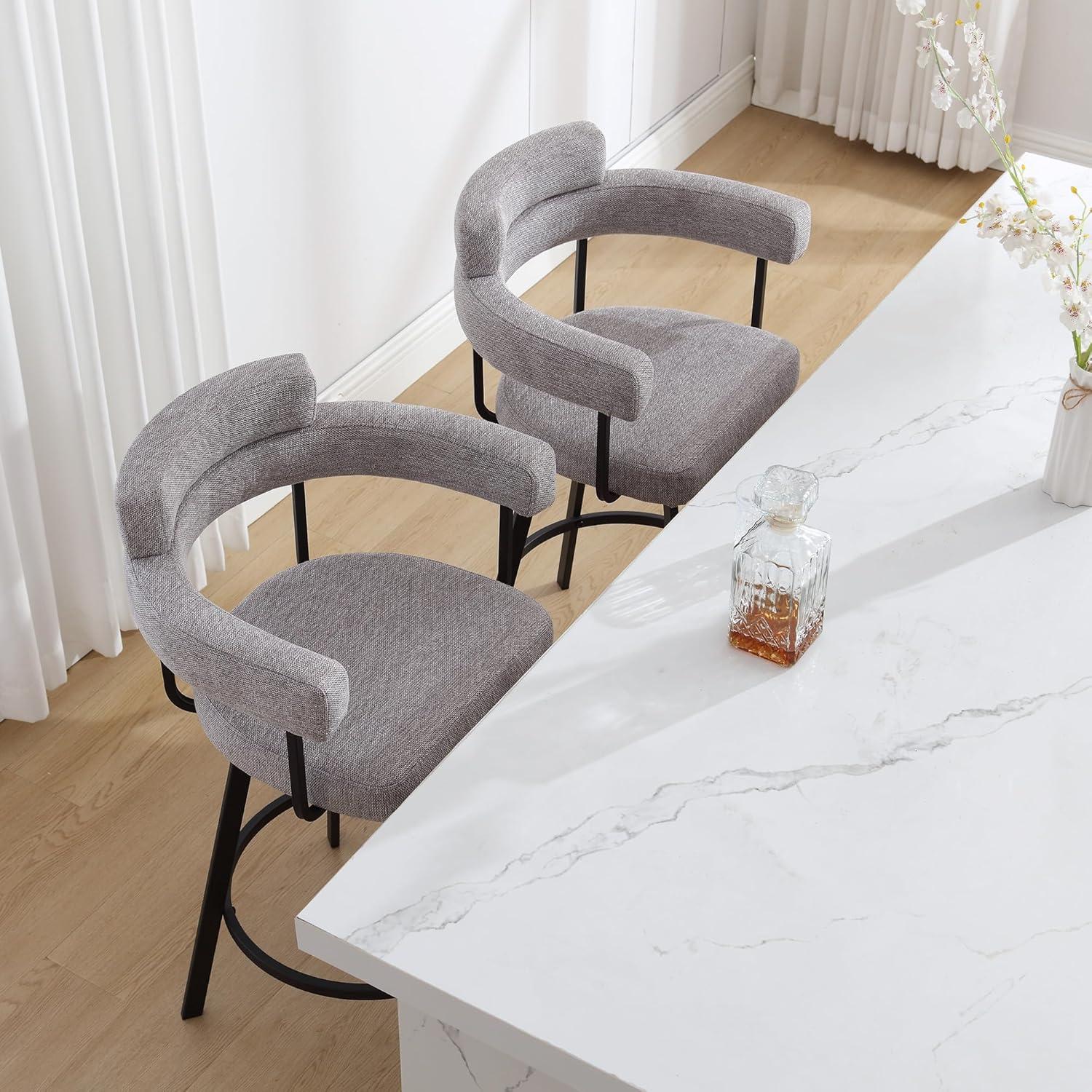 Rabassa Swivel Upholstered 26" Linen Counter Stool with Curved Wing Back and Metal Frame