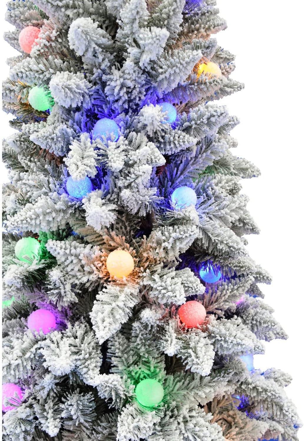 Fraser Hill Farm 6.5-Ft. Slim White Tail Pine Snow-Flocked Christmas Tree with Colorful G40 Bulbs, FFWT065-6SN