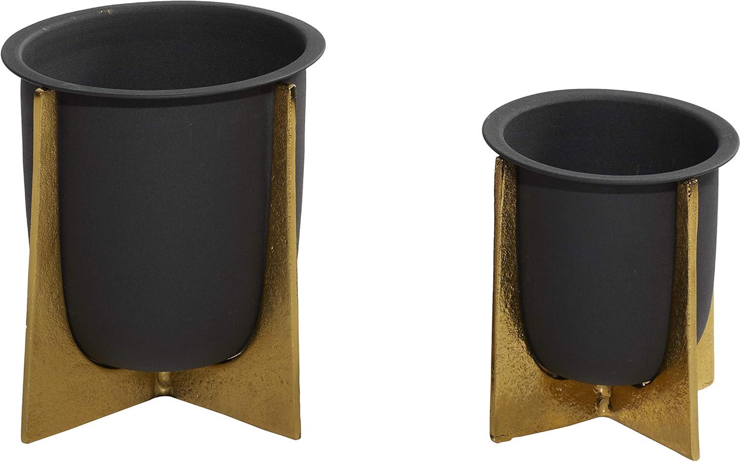 Glam Black and Gold Metal Indoor/Outdoor Planter Set with X-Shaped Stand