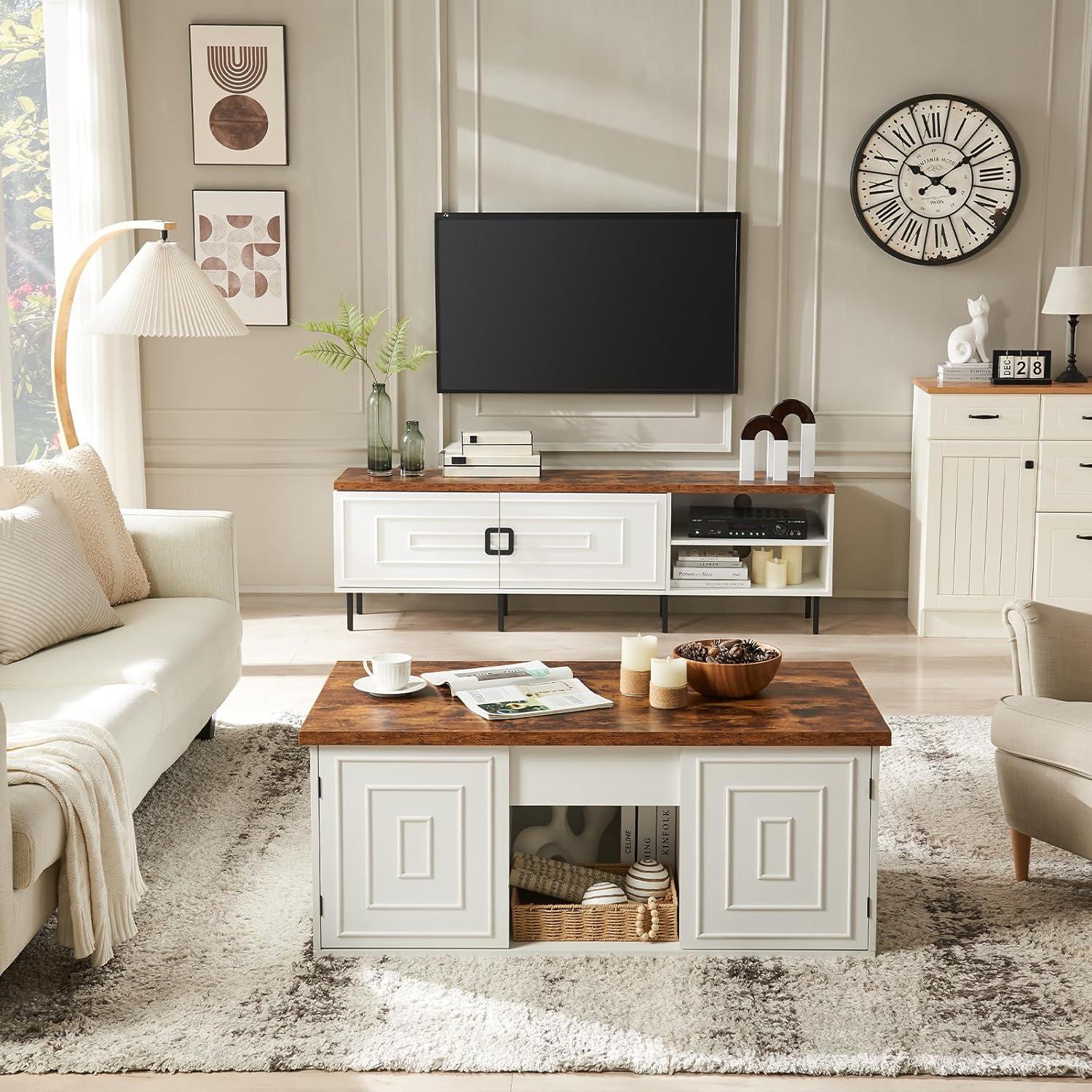 White Farmhouse Lift-Top Coffee Table with Sliding Barn Doors