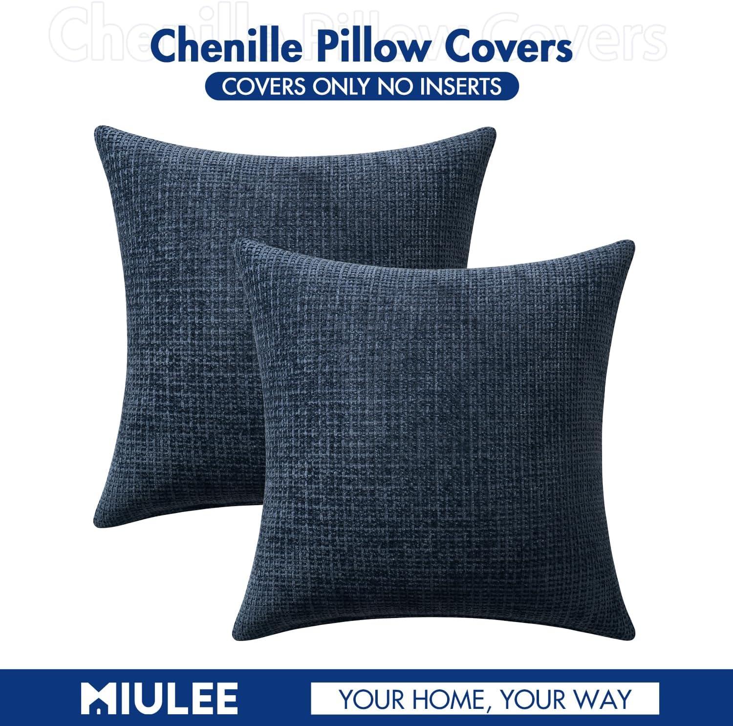 MIULEE Navy Blue Couch Pillow Covers 18x18 Inch, Set of 2 Soft Chenille Decorative Square Throw Pillow Covers Farmhouse for Sofa Living Room Bed