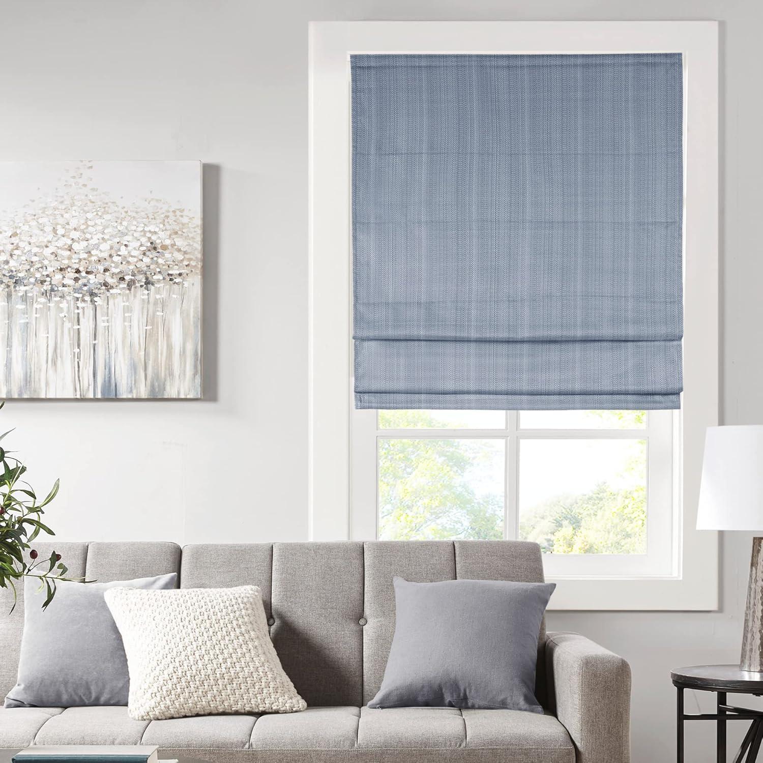 Madison Park Galen Basketweave Room Darkening Cordless Roman Shade Single Window Panel in Indigo Blue, 34"x64"