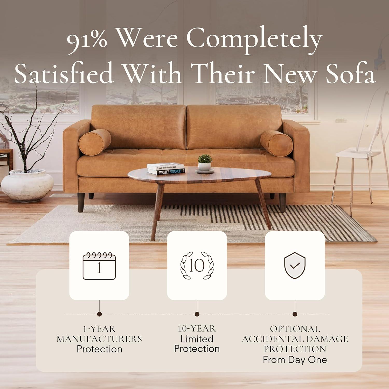 Cognac Tan Tufted Leather Lawson Sofa with Wood Legs