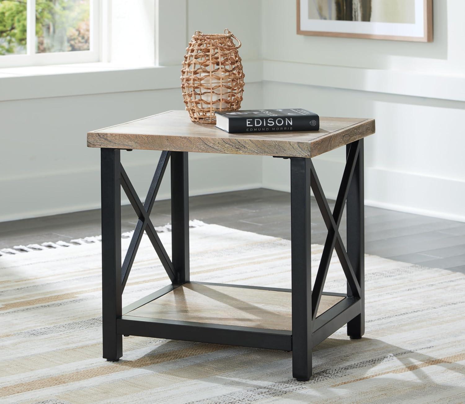 24'' Black and Brown Wood and Metal Rectangular End Table