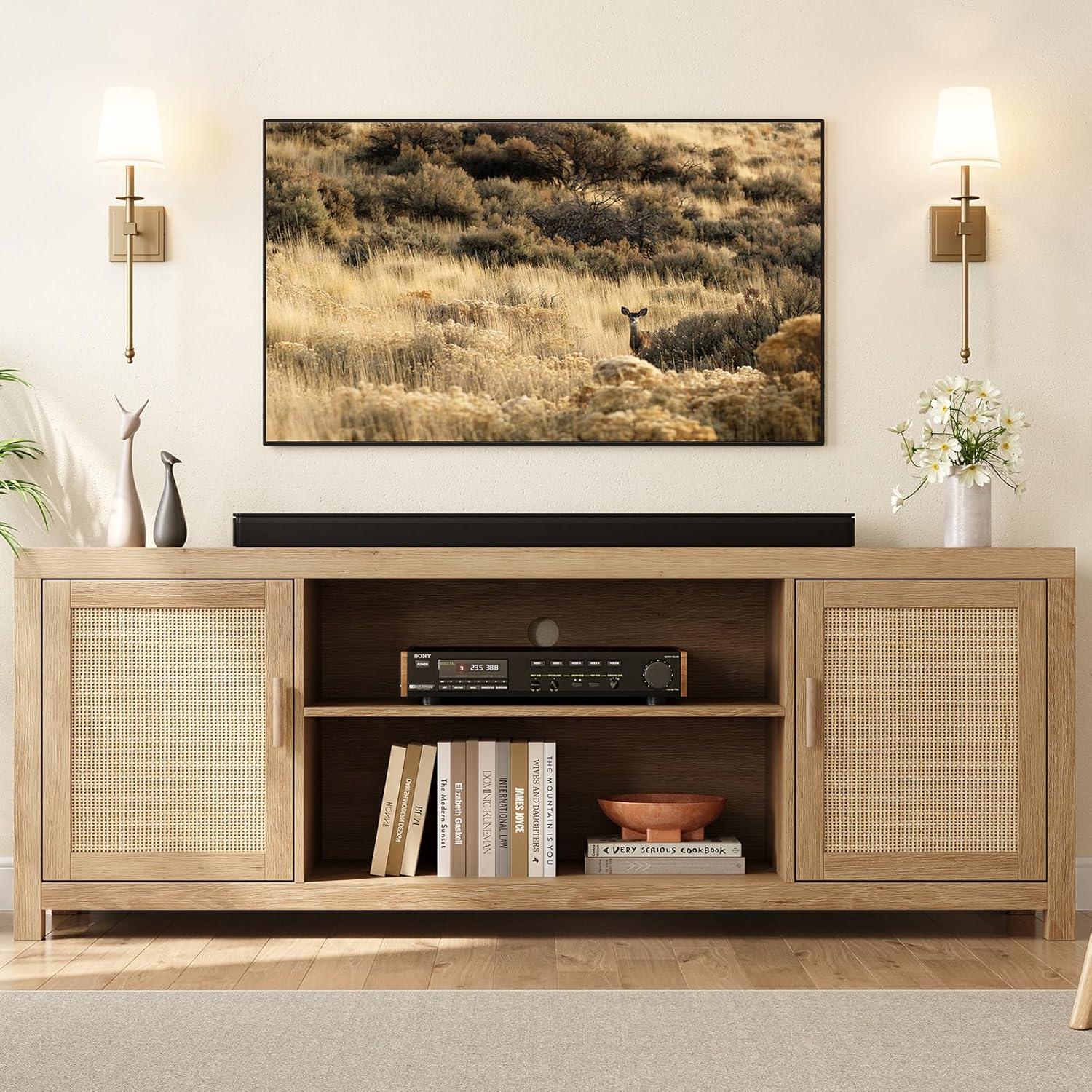 Whizmax Rattan TV Stand for 75 Inch, Boho Entertainment Center with 2-Tier Storage, Wooden Media Console Cabinet for Living Room Bedroom Natural Oak