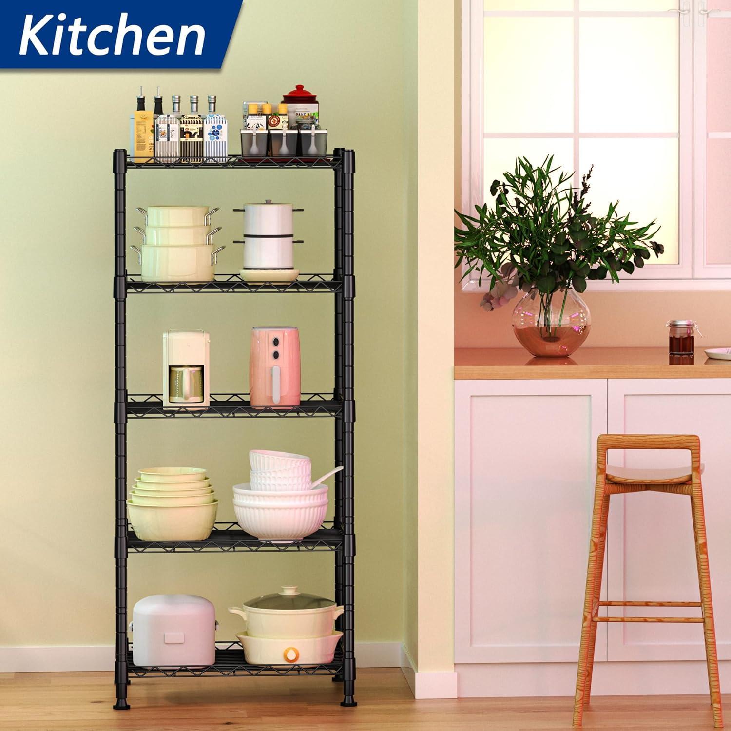 Black Powder-Coated 5-Tier Adjustable Metal Wire Shelving Unit