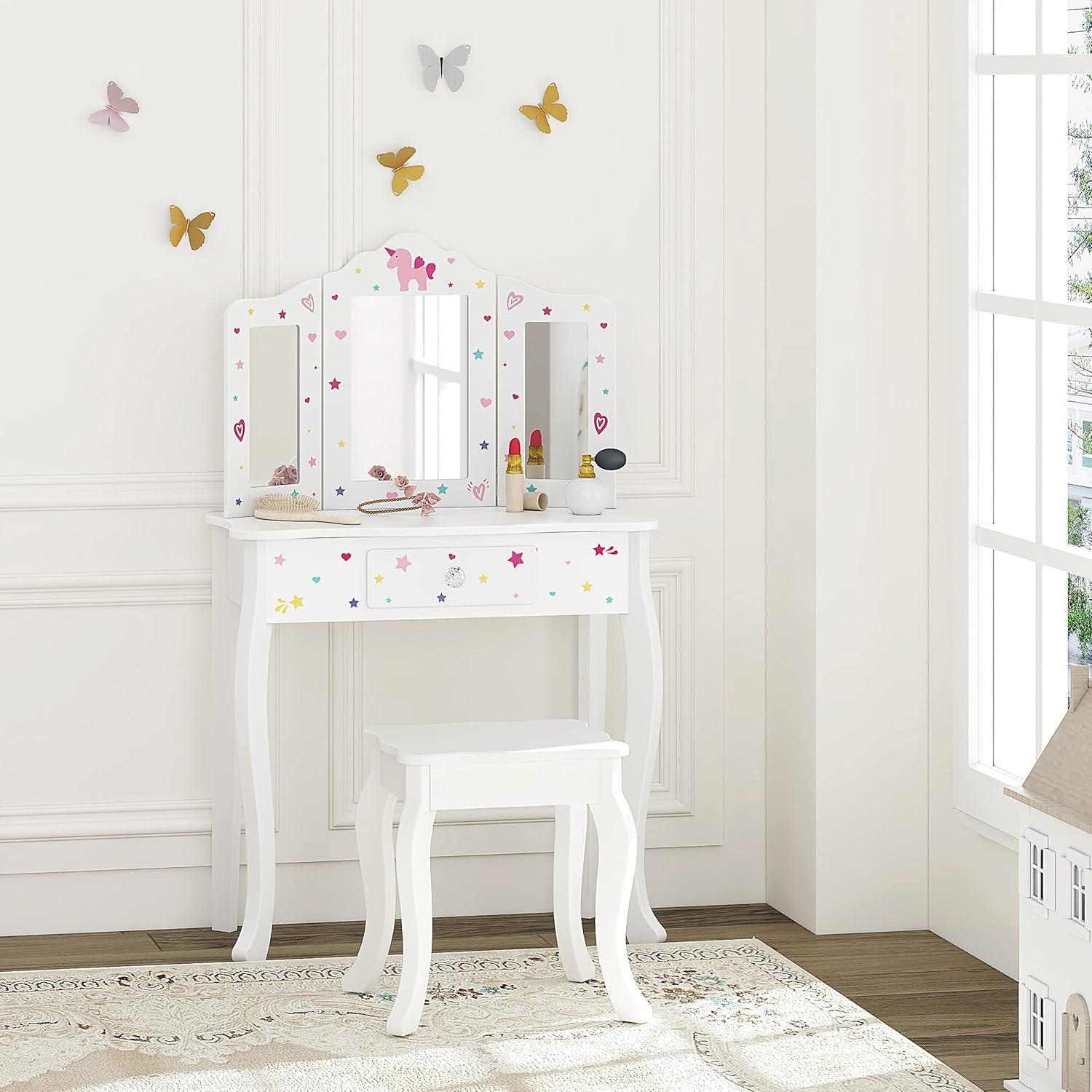 White Princess-Themed Kids Vanity Table and Chair Set with Mirror