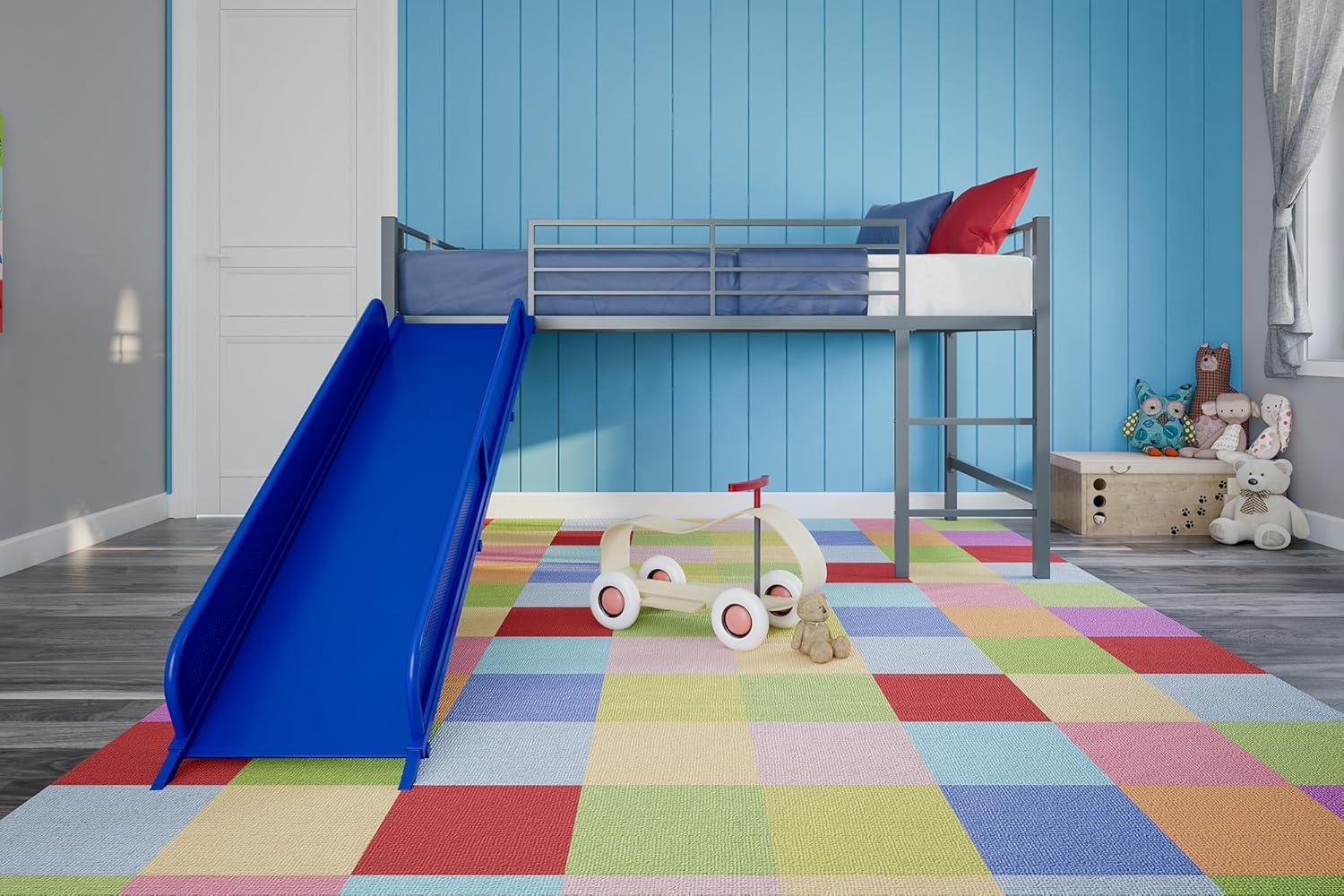 DHP Lively Junior Twin Metal Loft Bed, Silver with Blue Slide