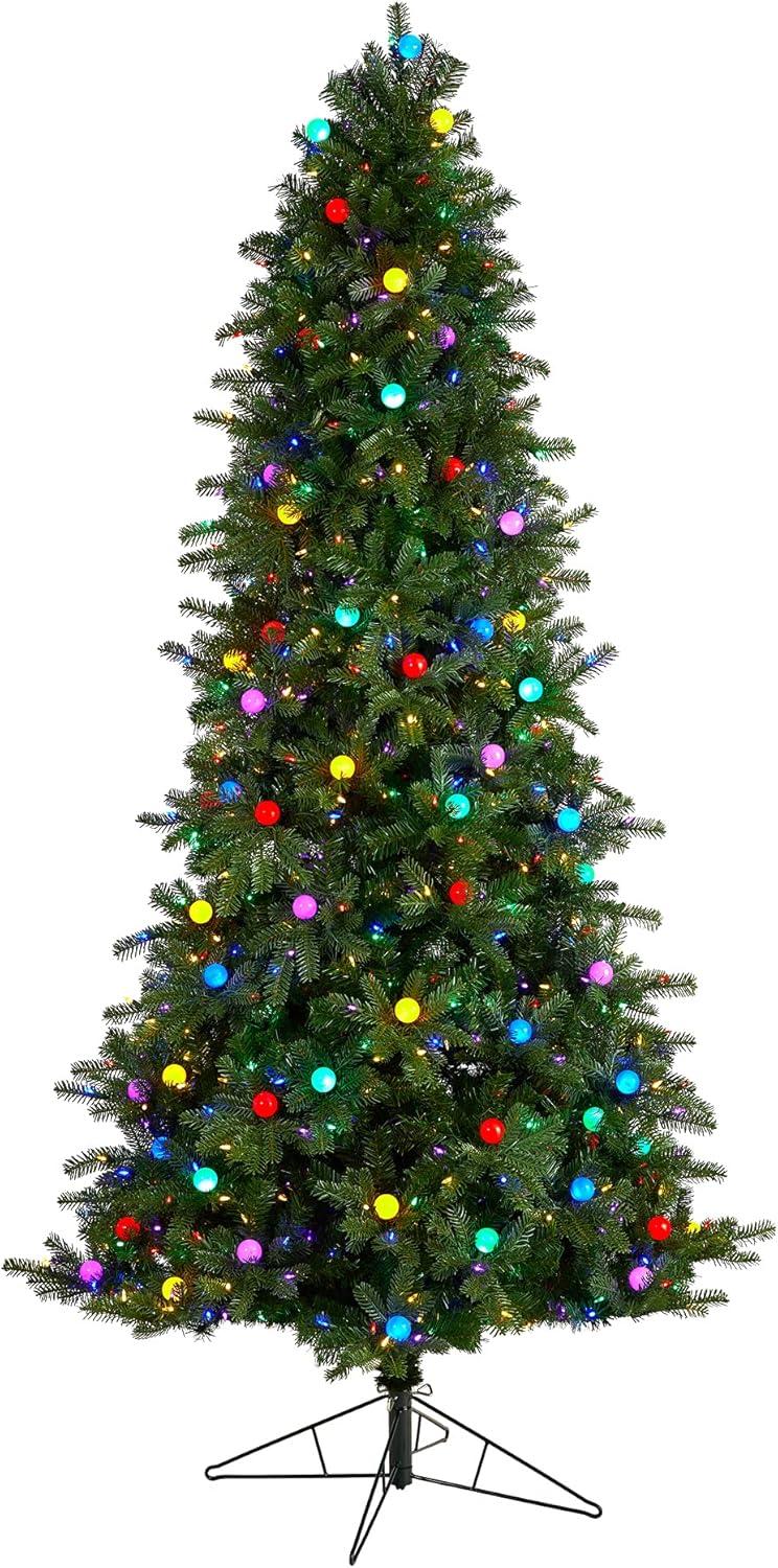 Nearly Natural Montana Mountain Fir Artificial Christmas Tree with Multi Color LED Lights and Instant Connect Technology, Globe Bulbs and Bendable Branches-Size:102 inch