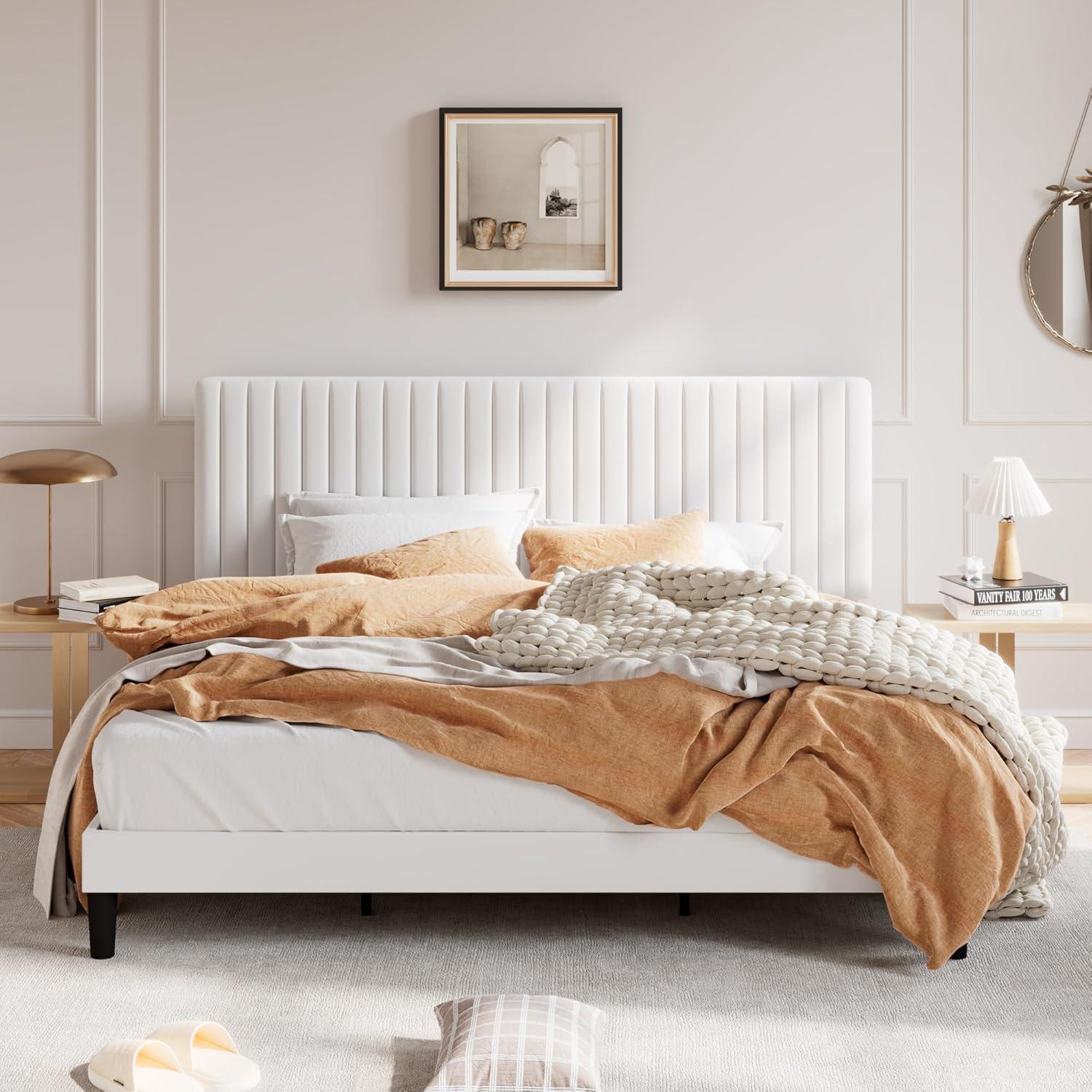 SHA CERLIN King Upholstered Platform Bed Frame with Vertical Channel Tufted Velvet Fabric Adjustable Headboard, Wooden Slats Support, Mattress Foundation, Box Spring Optional, White