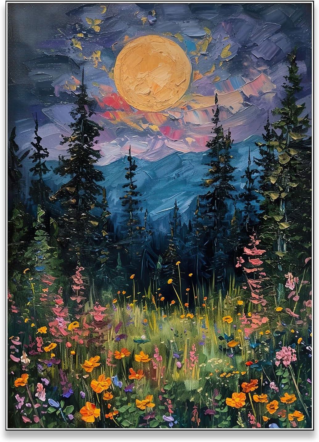 SFAOHPR Mystical Moon and Wildflowers Canvas Wall art Nature Flowers Oil Painting posters for room aesthetic Room Aesthetics Posters for Bedroom living room Home Decor ﻿12x16inch Unframed