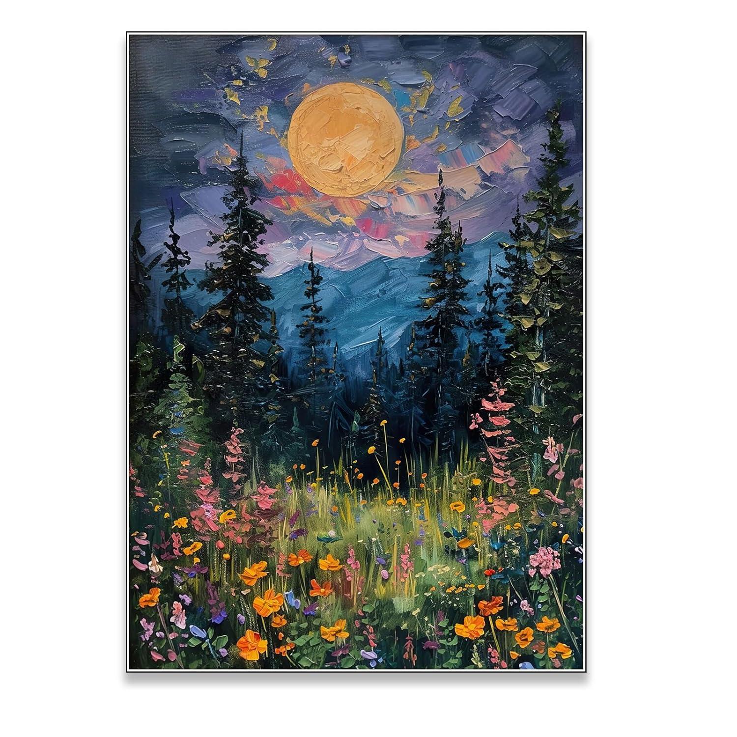 SFAOHPR Mystical Moon and Wildflowers Canvas Wall art Nature Flowers Oil Painting posters for room aesthetic Room Aesthetics Posters for Bedroom living room Home Decor ﻿12x16inch Unframed