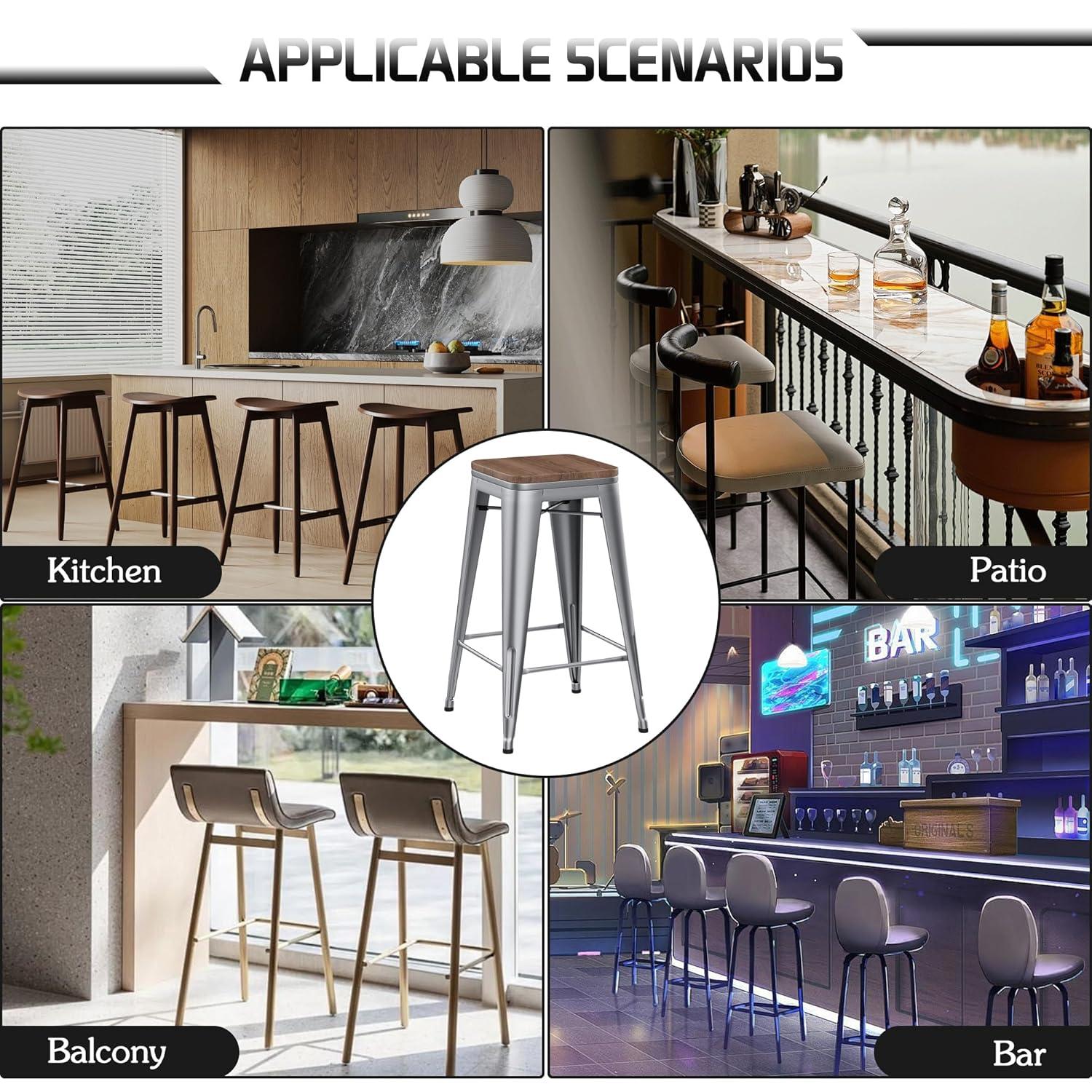 Drevy 26" Metal Counter Height Bar Stools Set of 4 Industrial Backless Kitchen Patio Counter Stool Stackable Barstools Wood Top-Silver