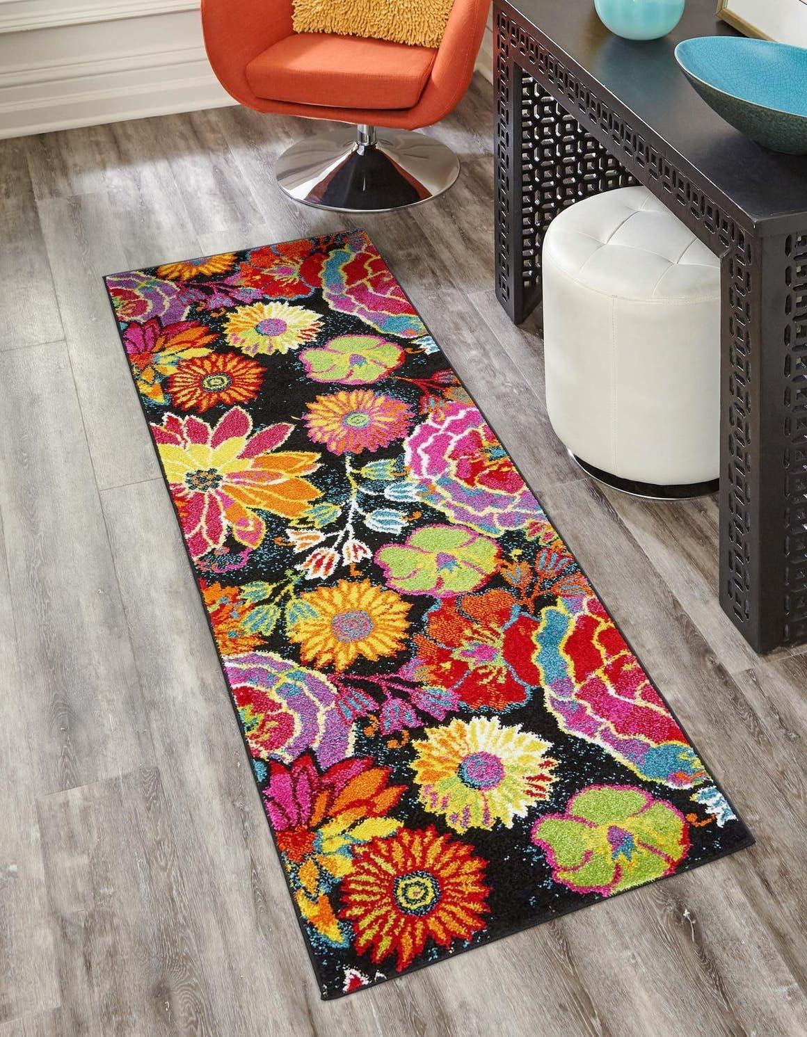 Black Floral Easy Care Kids Runner Rug 2'7" x 12'