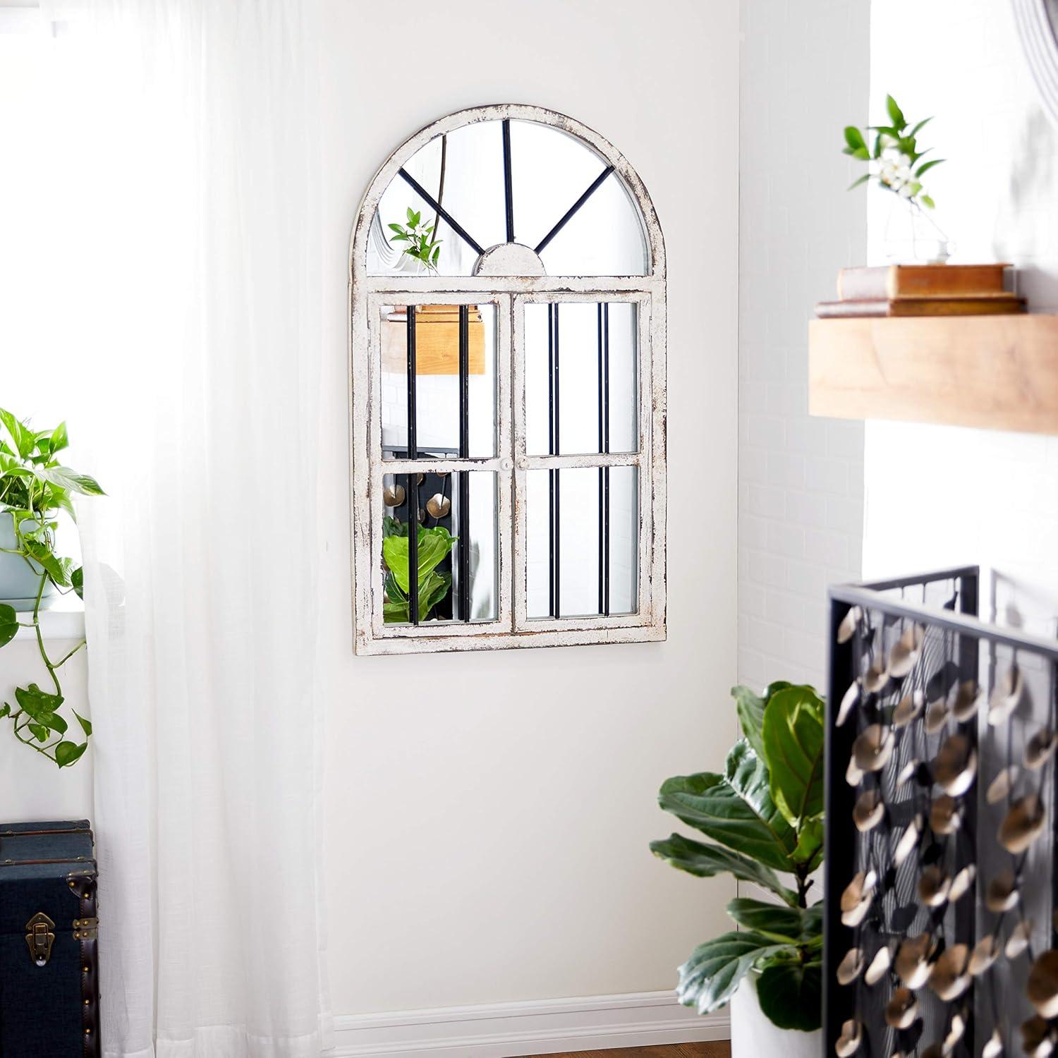 25" x 42" Distressed Wood Arched Window Wall Mirror White - Olivia & May: Antiqued Finish, MDF Frame, No Assembly Required