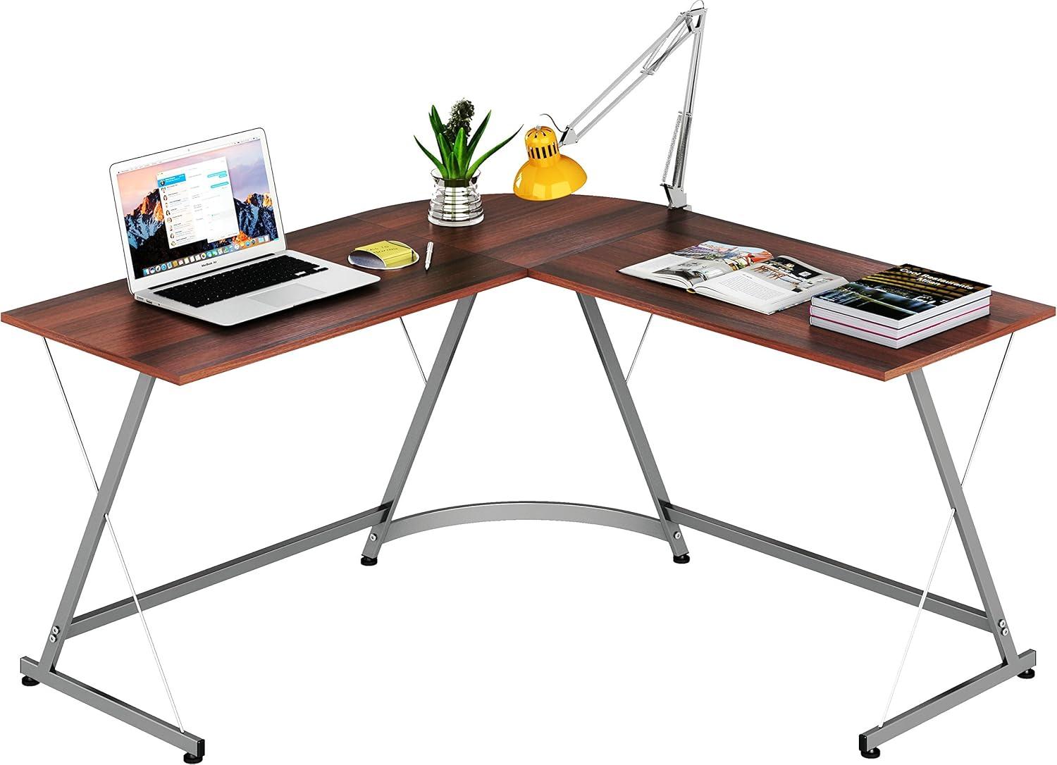 shw l-shaped home office corner adjustable desk wood top, espresso