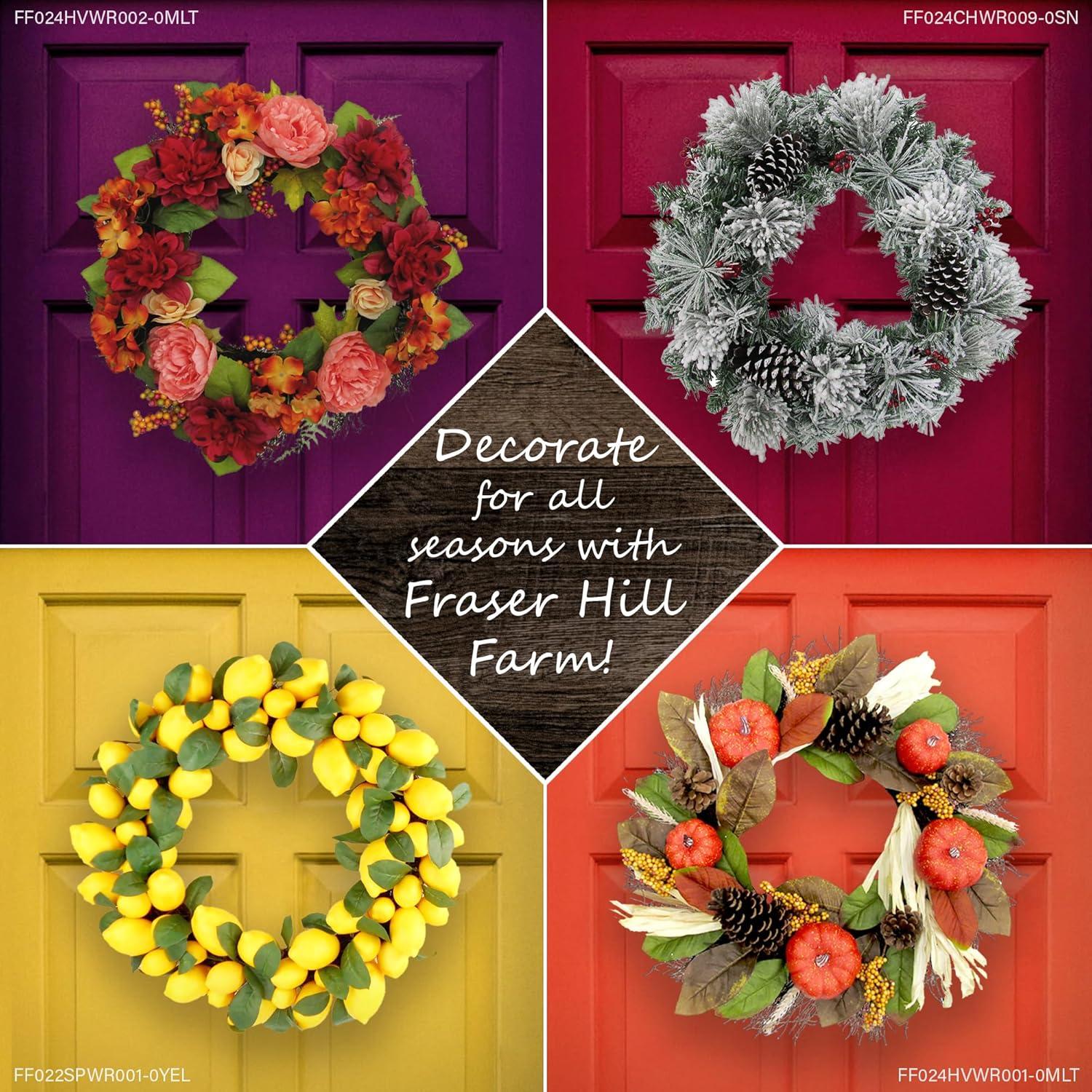 Fraser Hill Farm 24-in. Christmas Snowy Wreath Door Hanging with Ornaments, Wood Houses, Green