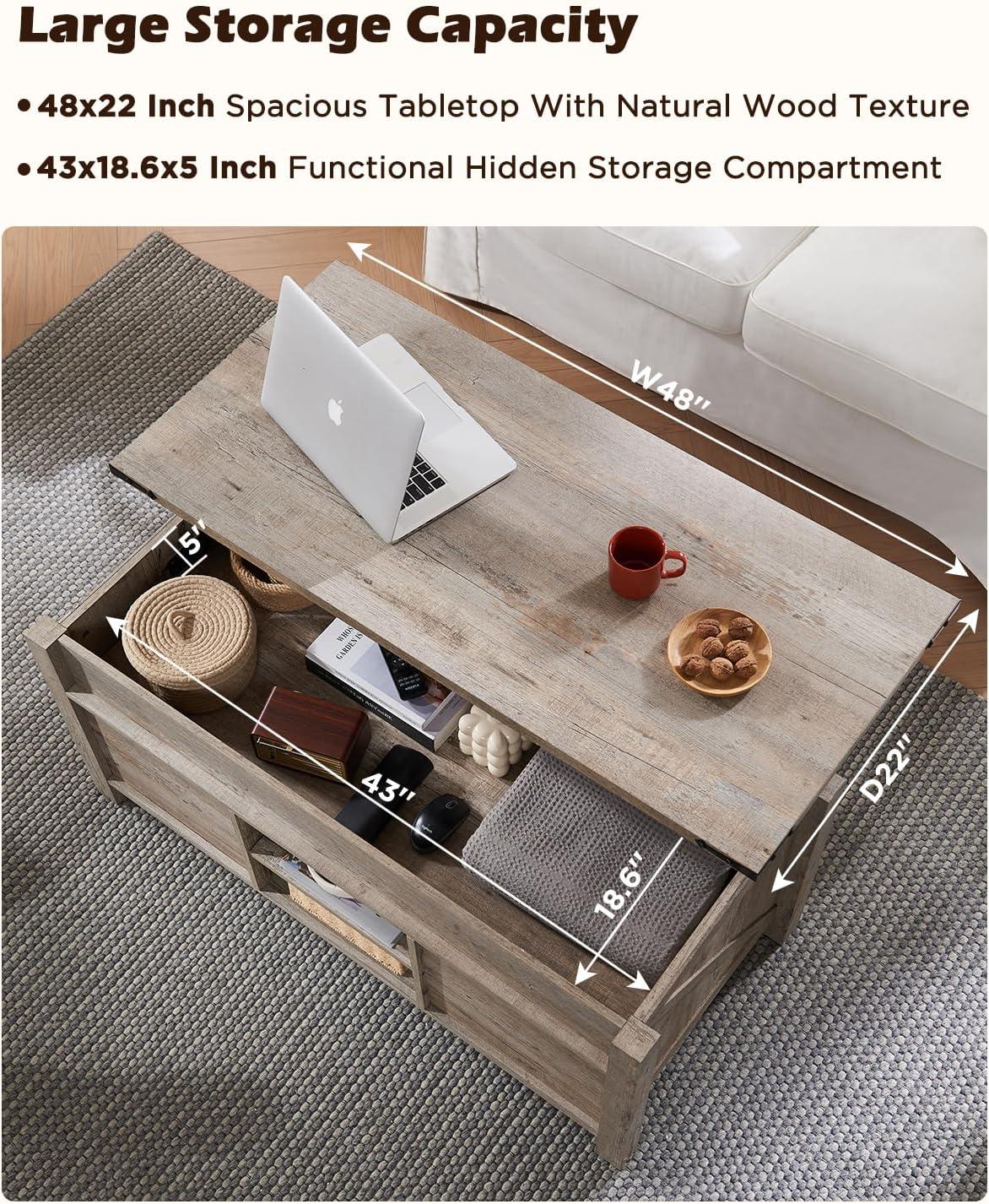 OKD Farmhouse Sturdy Coffee Table with Sliding Barn Doors and Storage Shelves for Living Room, Den, Family Room, or Office, Light Rustic Oak Finish