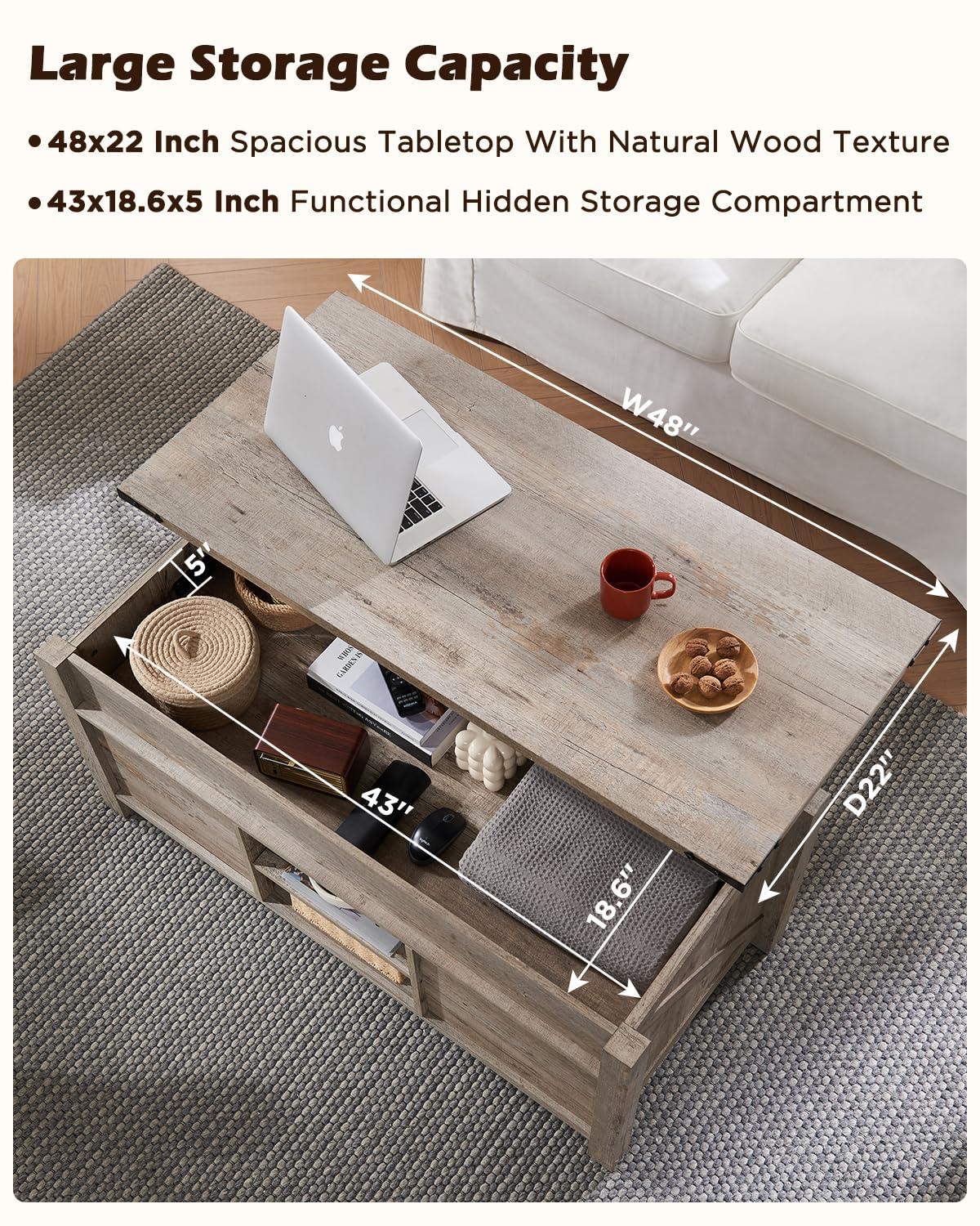OKD Farmhouse Sturdy Coffee Table with Sliding Barn Doors and Storage Shelves for Living Room, Den, Family Room, or Office, Light Rustic Oak Finish