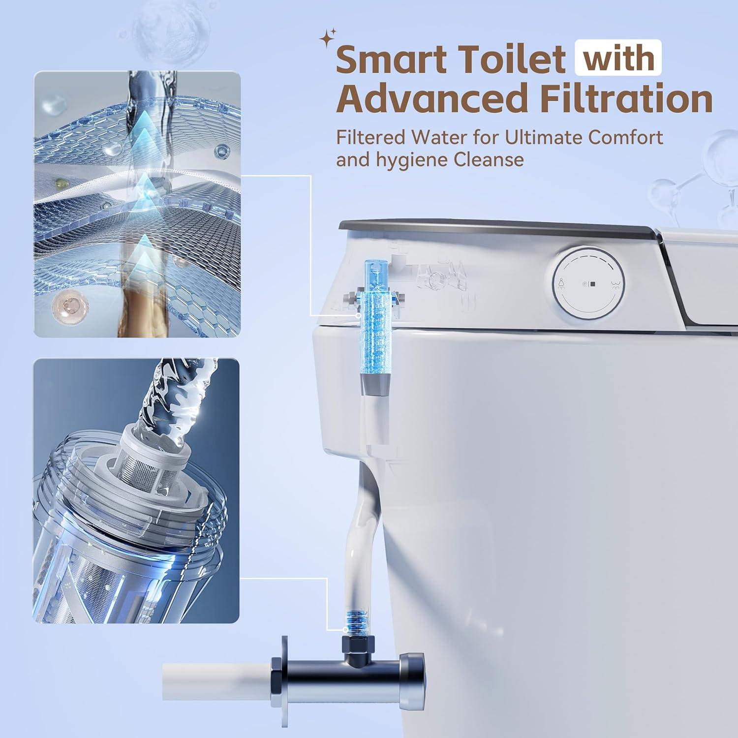 Smart Toilet with Bidet Built-in Filtered Water Cleaning, Instant Warm Water & Heated Seat, Smart Bidet Toilet with Auto/Blackout Flush, Dryer, Deodorization, Night Light & Digital Display