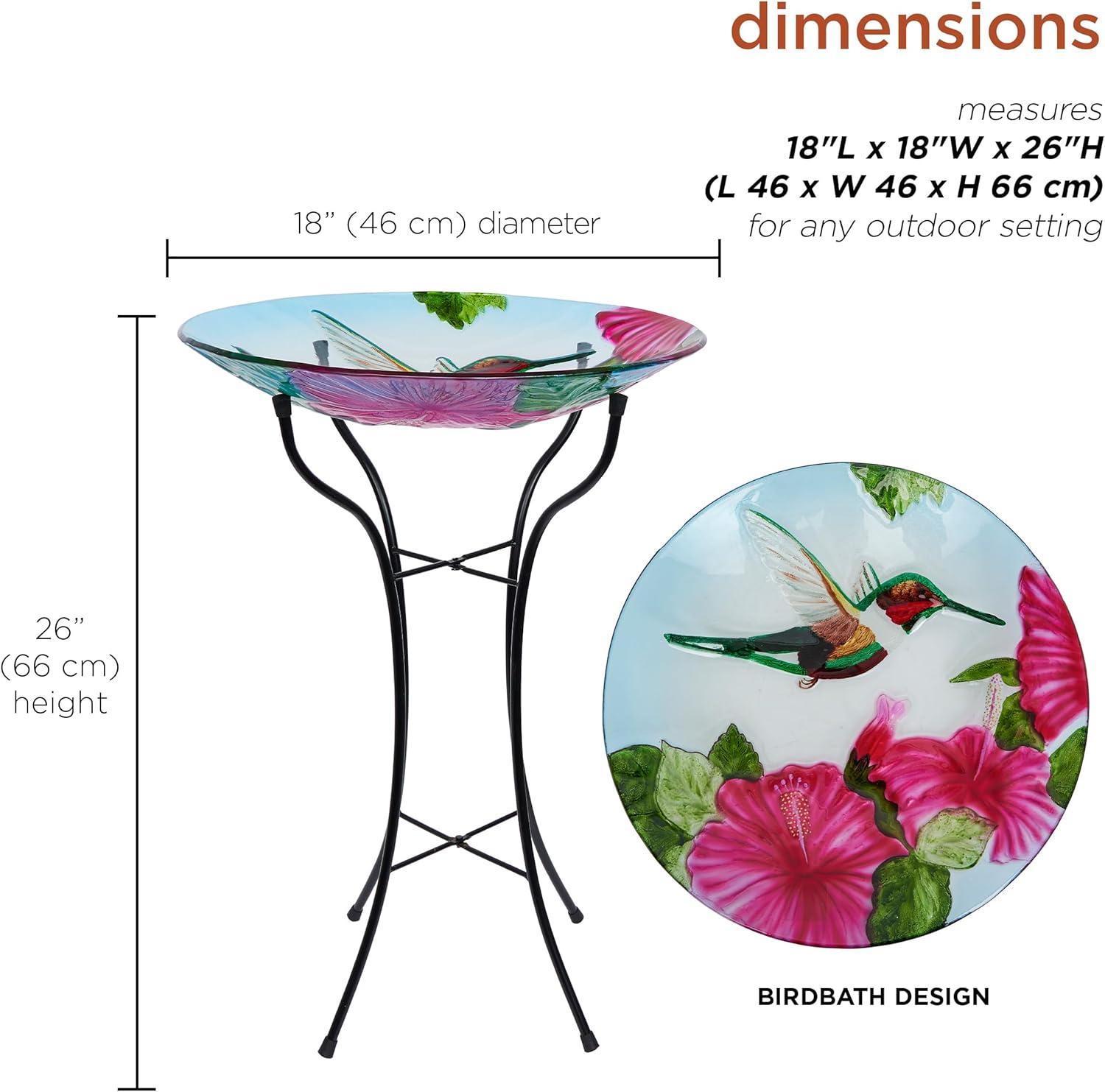 18" Multicolor Glass Birdbath with Metal Stand and Hummingbird Design