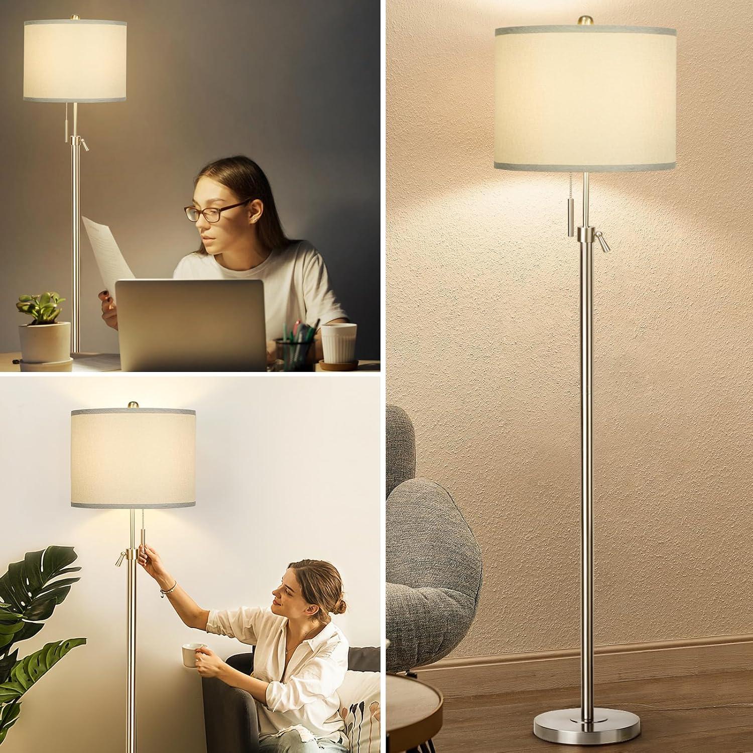 Brushed Nickel Floor Lamp for Living Room, Adjustable Height Standing Lamp with Metal Base, Tall Pole Light with Grey Shade for Bedroom, 8W 4000K 3-Way LED Bulb Included (Brushed Nickel, Grey Shade)