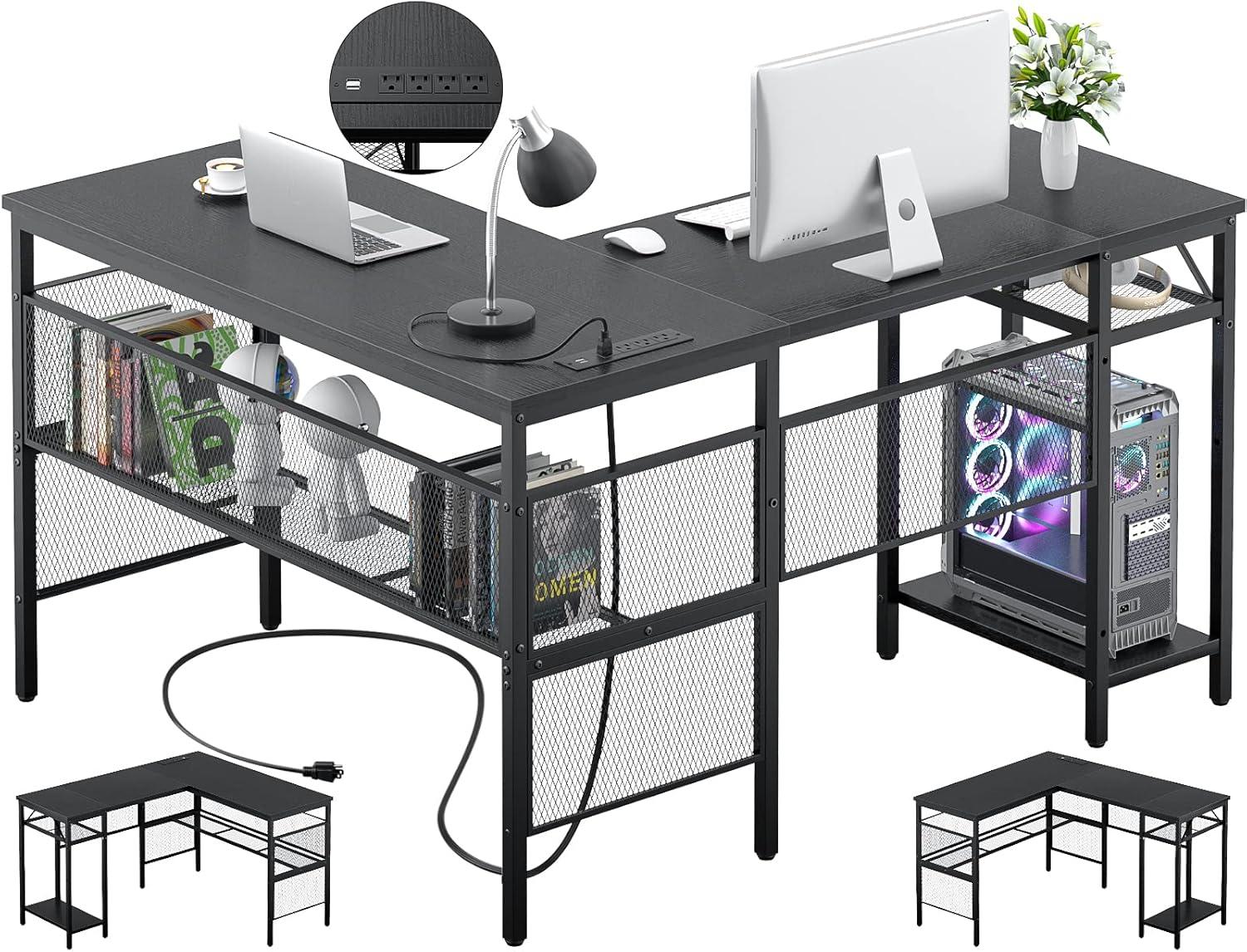 Black L-Shaped Computer Desk with Power Outlet and USB Port