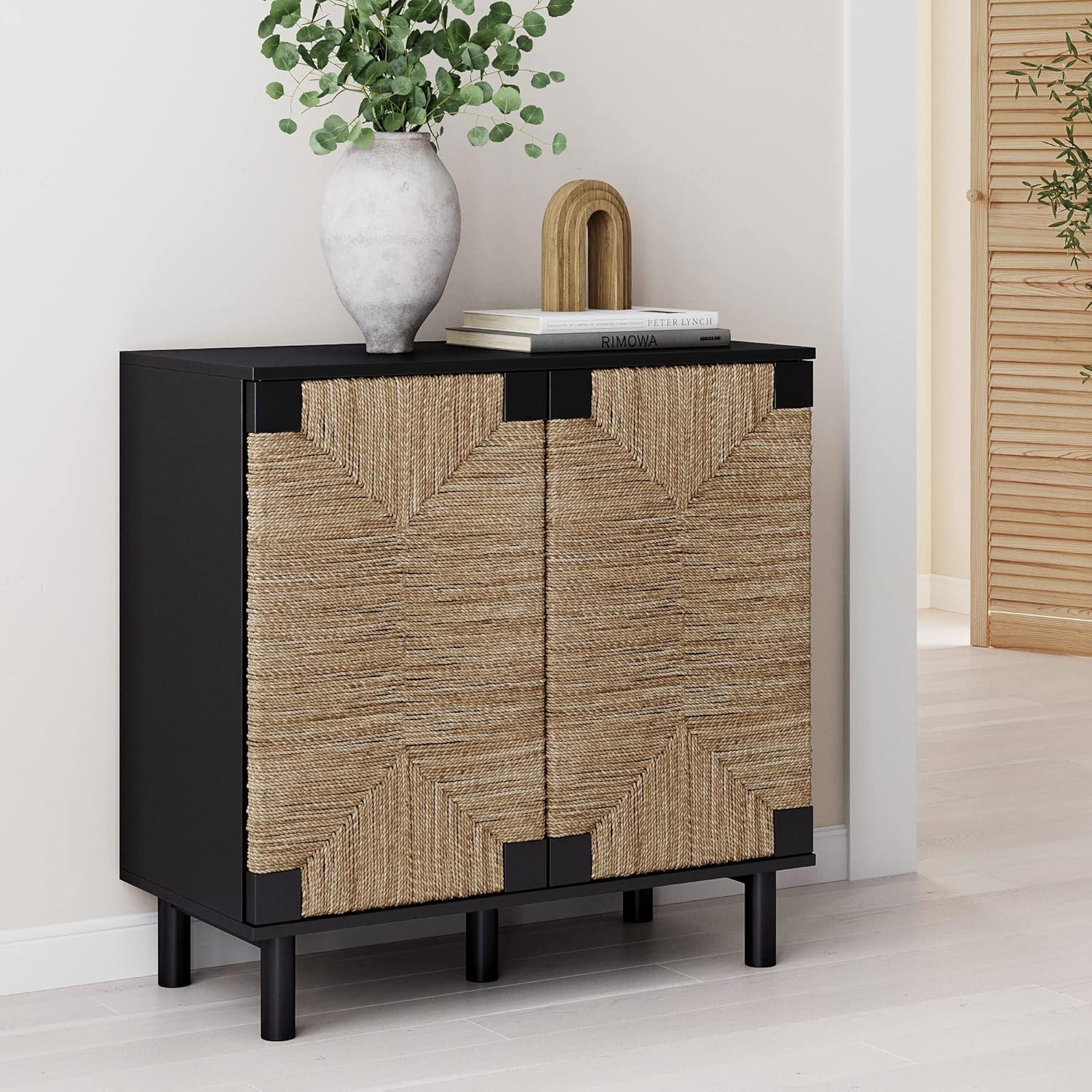 Beacon Black Wood and Seagrass 2-Door Storage Cabinet