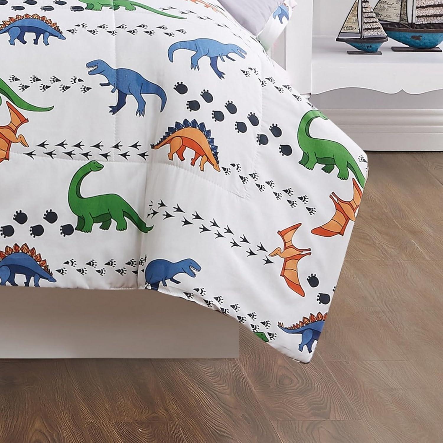 Twin 3pc Dino Tracks Reversible Kids' Comforter Set White - My World: Dinosaur Bedding for Boys, Includes Pillow Sham