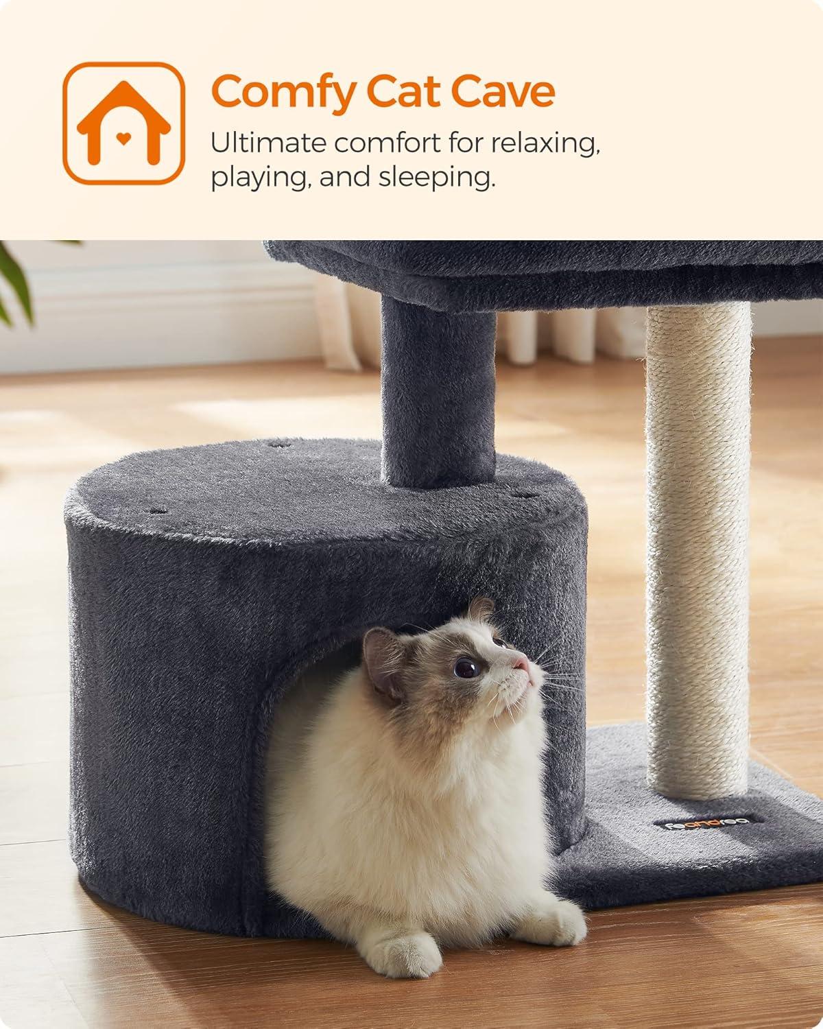 Smoky Gray Plush Cat Tree with Sisal Scratching Post